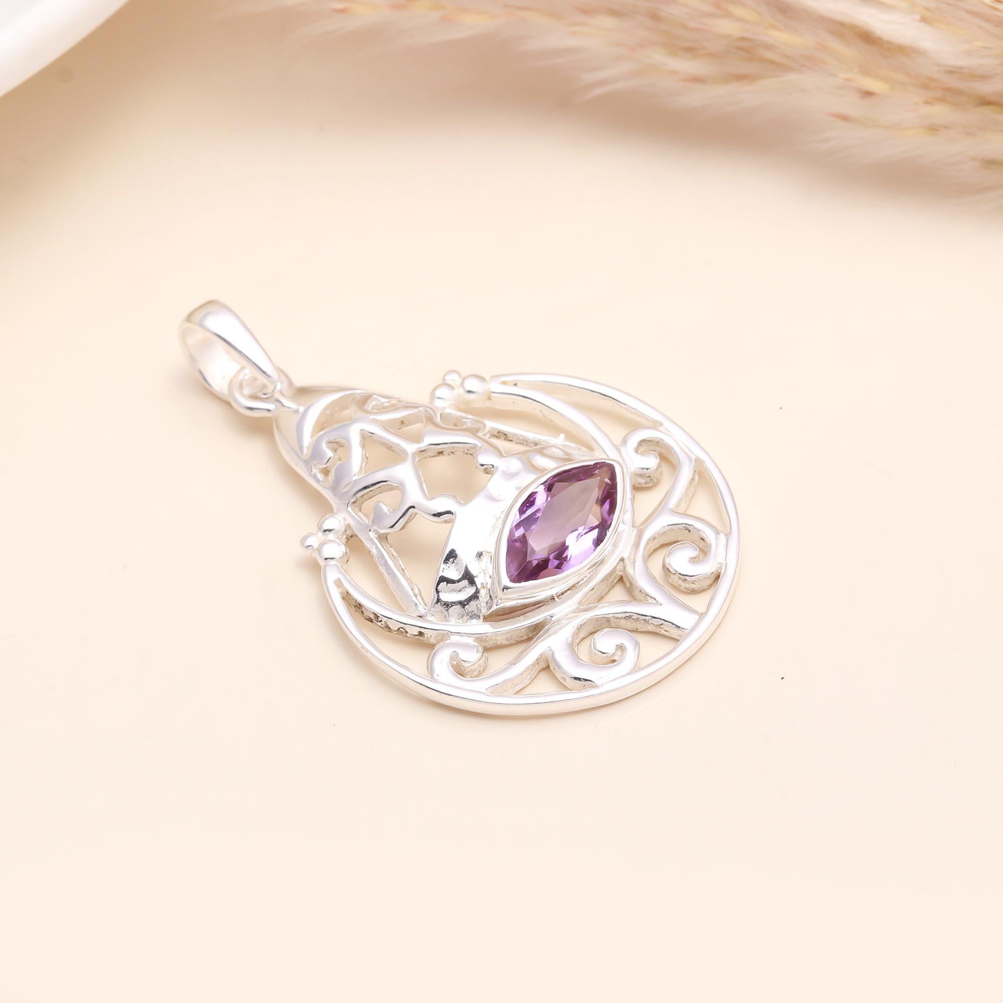 925 Sterling Silver Amethyst Moon & Star Pendant