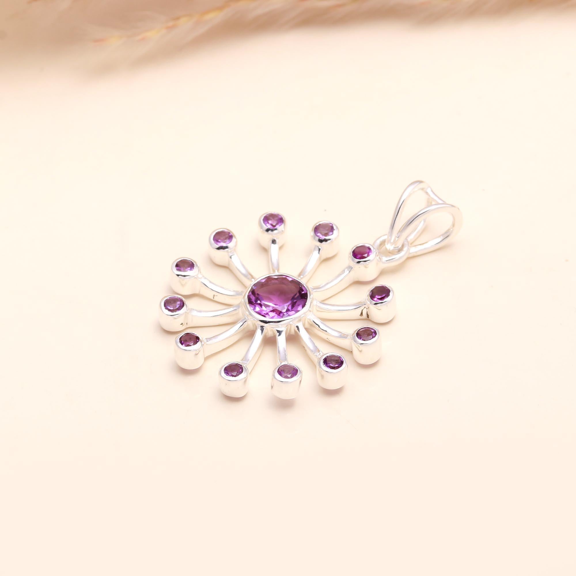925 Sterling Silver Amethyst Starburst Pendant