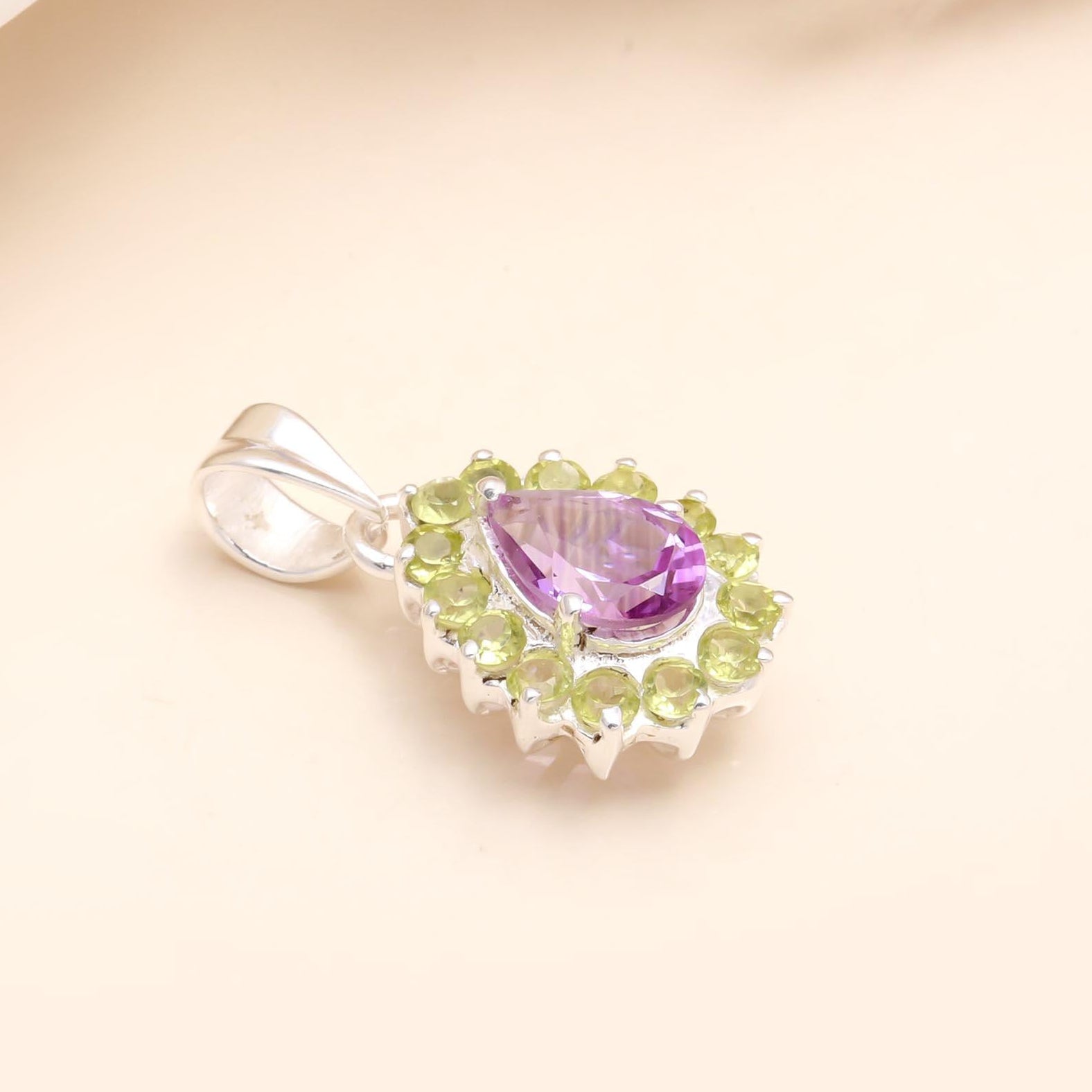 The Royal Amethyst: Peridot & Amethyst Halo Silver Pendant