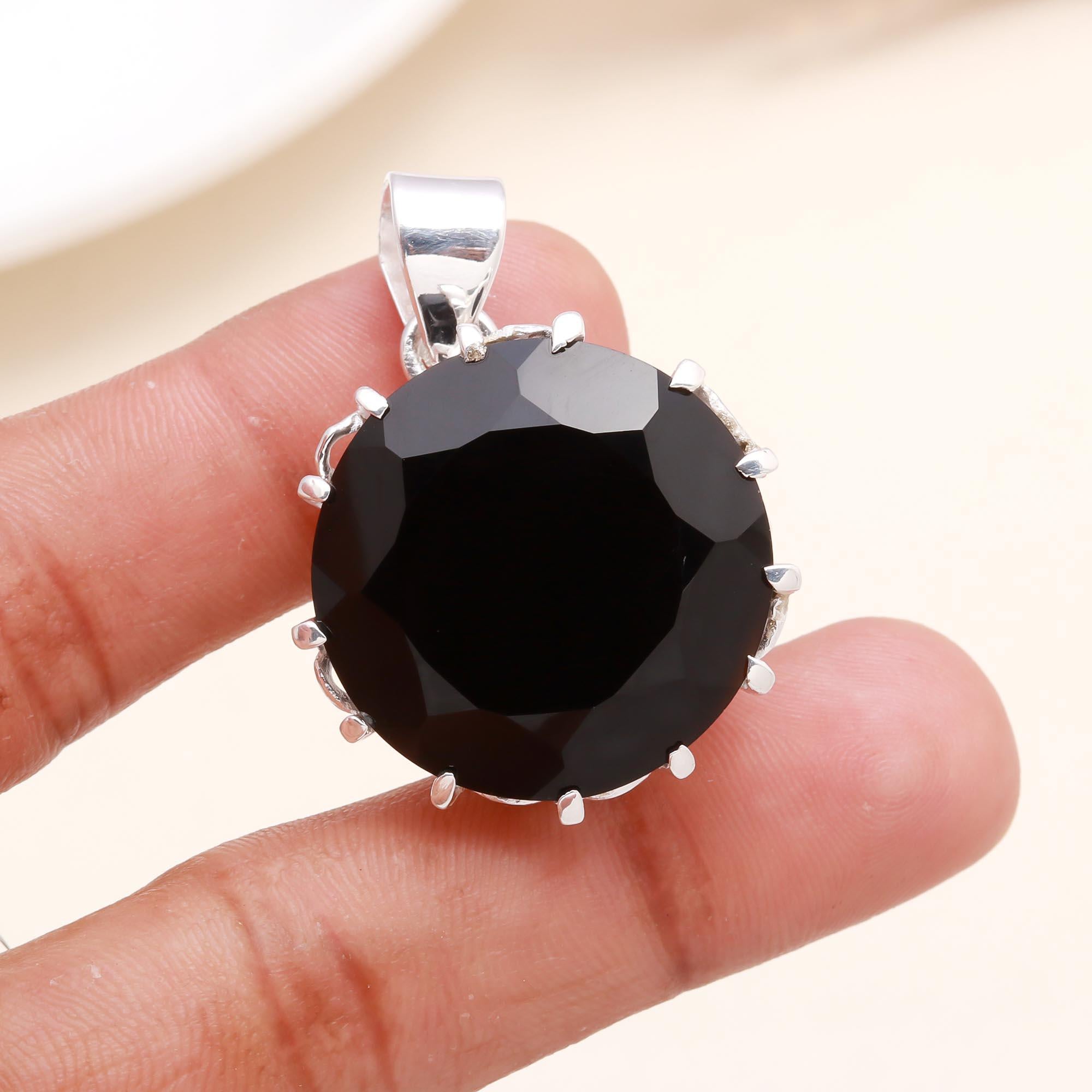 925 Sterling Silver Large Round Faceted Black Onyx Pendant