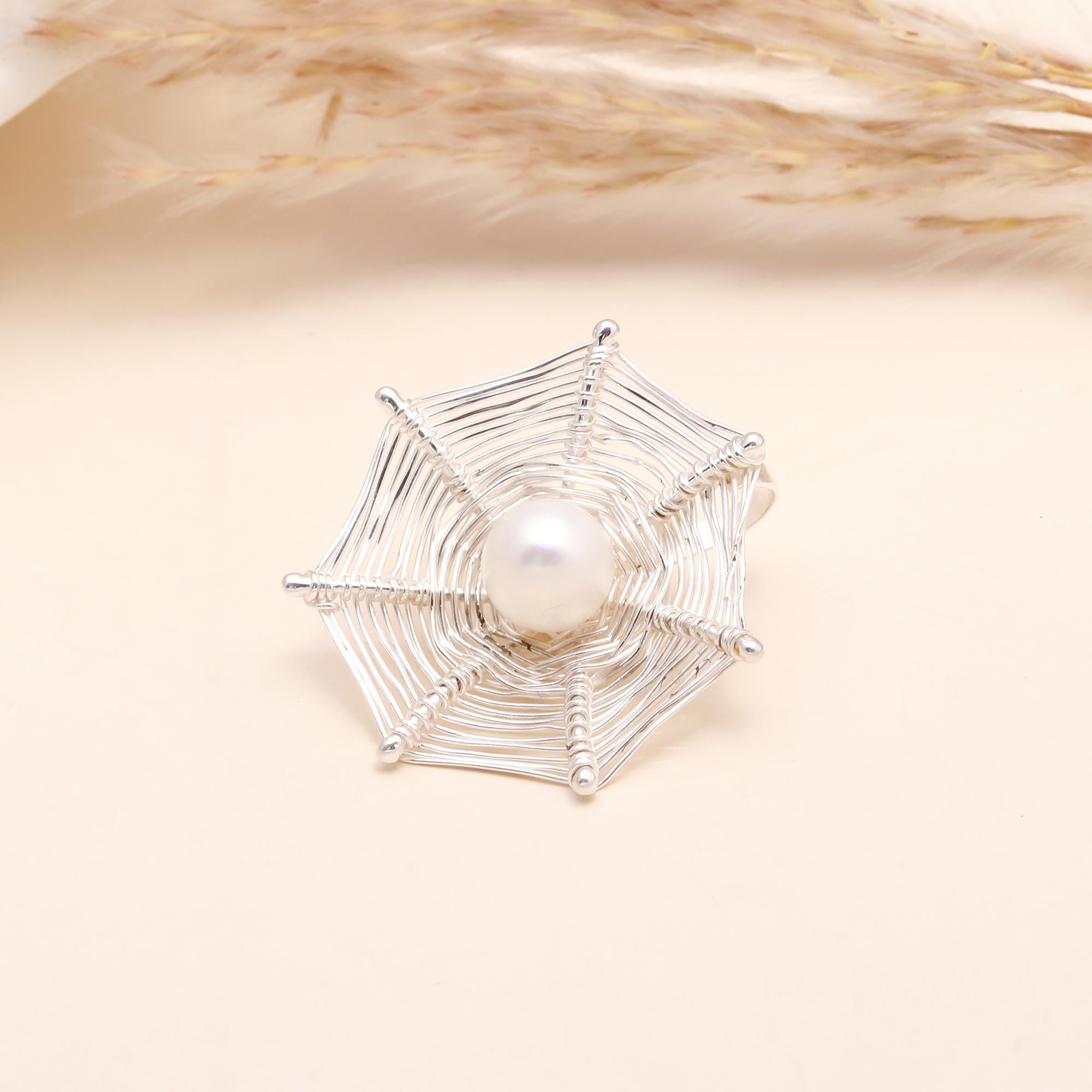 925 Sterling Silver White Pearl Spiderweb Pendant