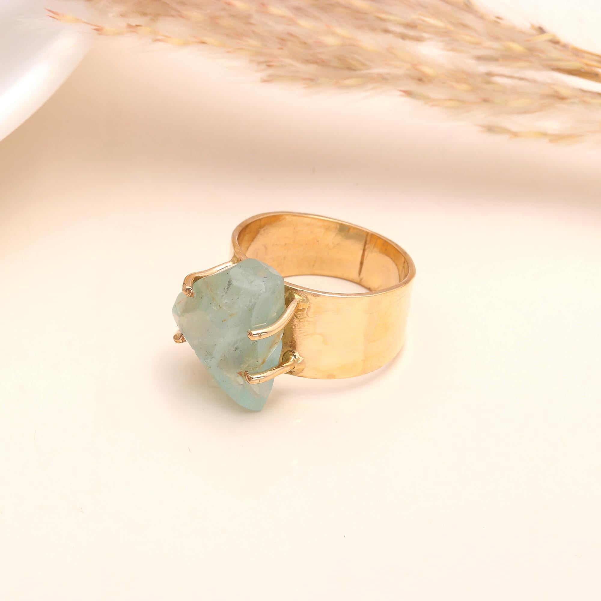 925 Sterling Silver Raw Aquamarine Crystal Ring