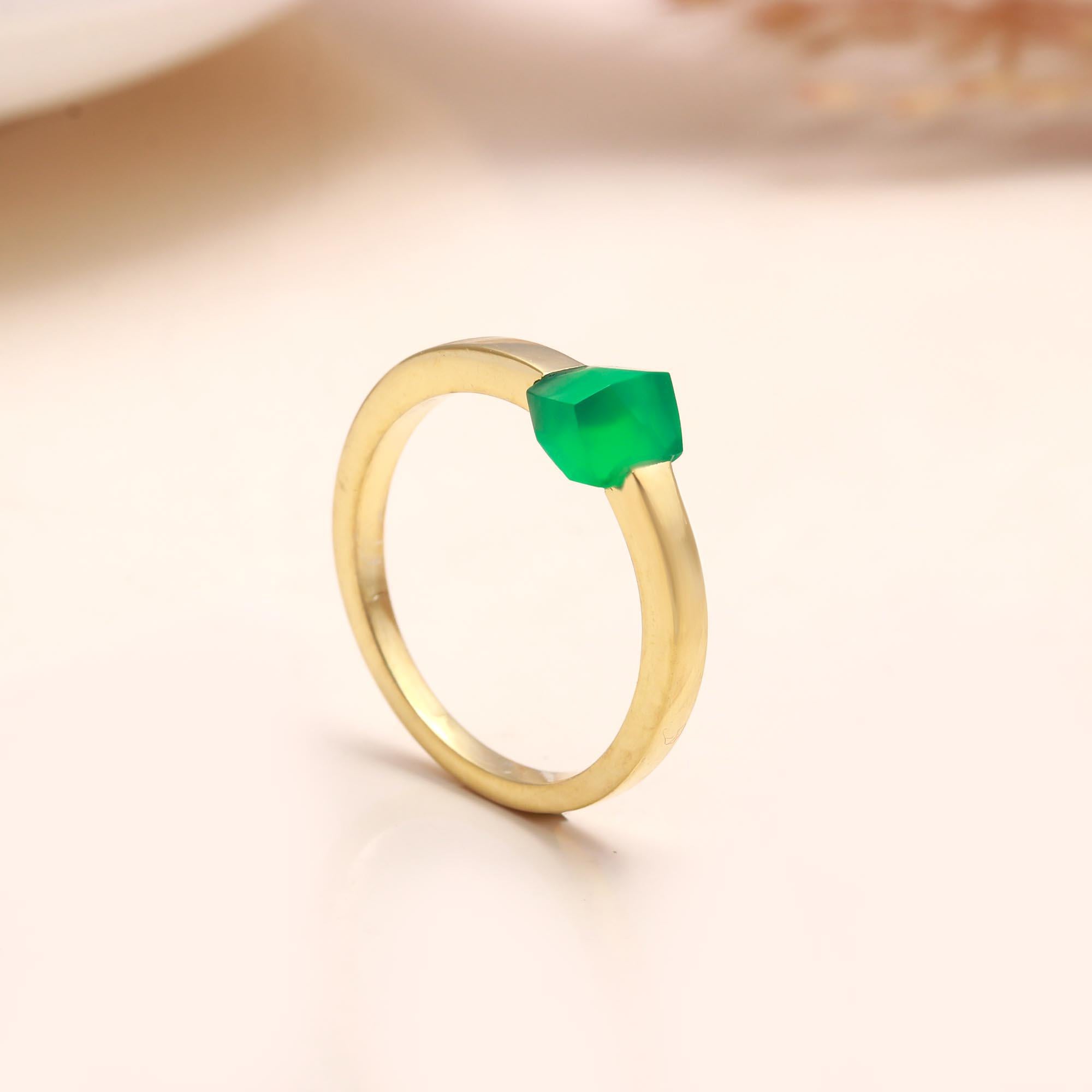 The Asymmetric Emerald: Gold Modern Minimalist Ring