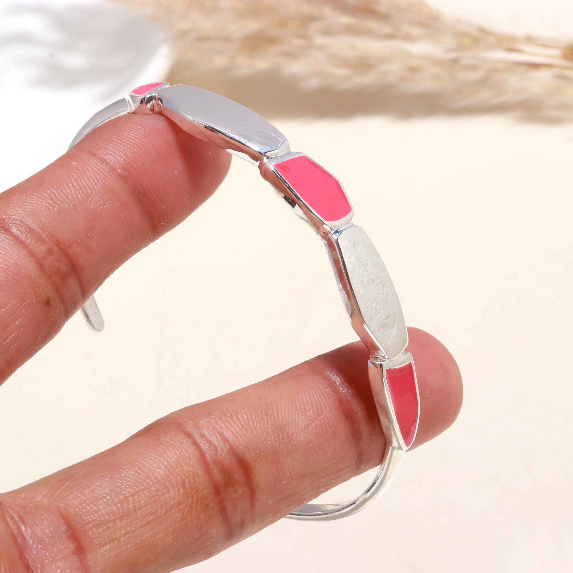 925 Sterling Silver Pink & Enamel Cuff Bracelet