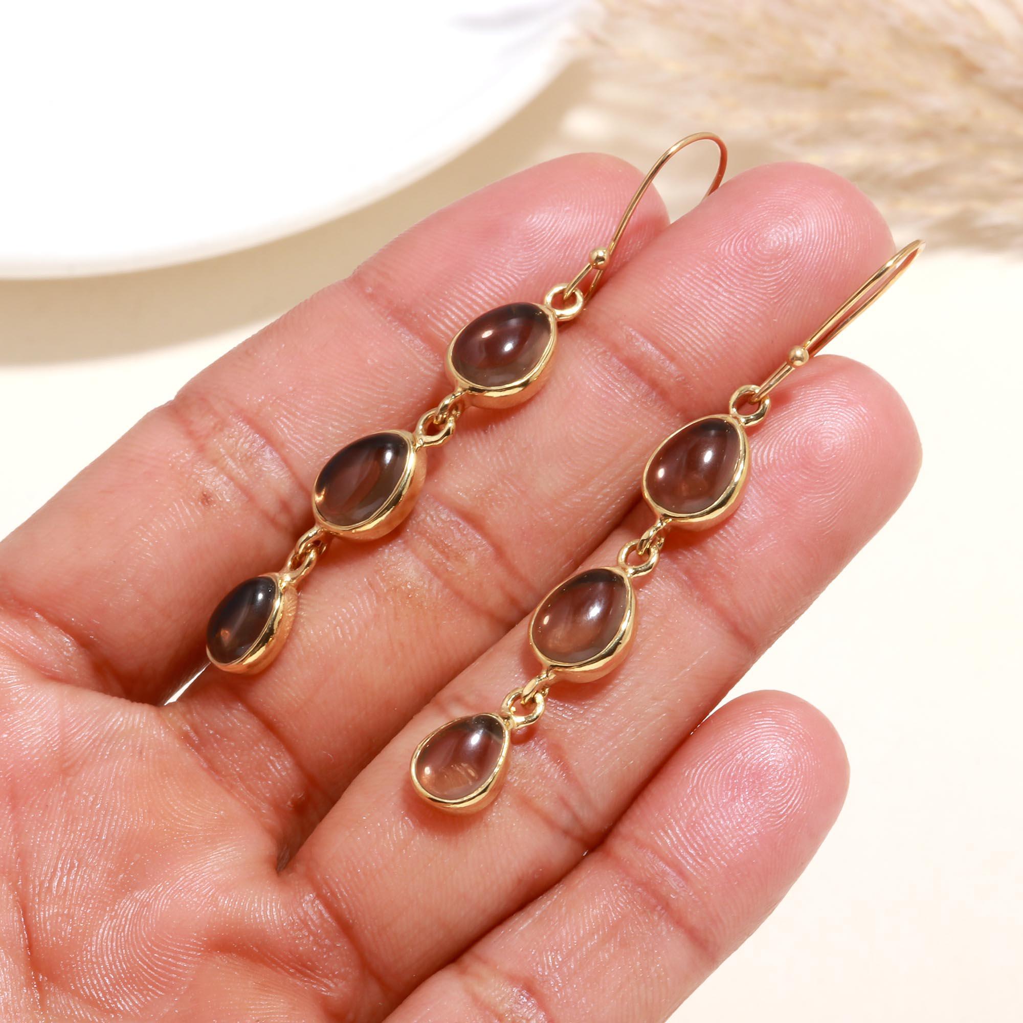 925 Silver Triple Oval Smoky Quartz Drop Earrings
