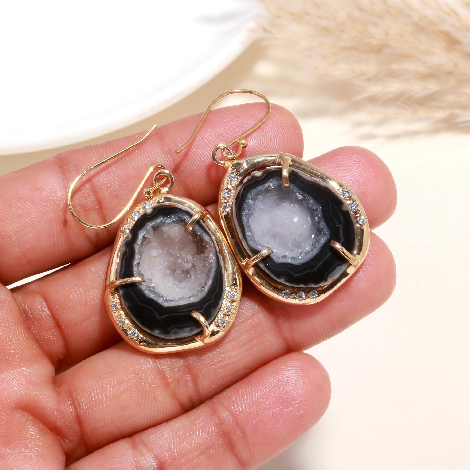 925 Silver Natural Druzy Geode Dangle Earrings