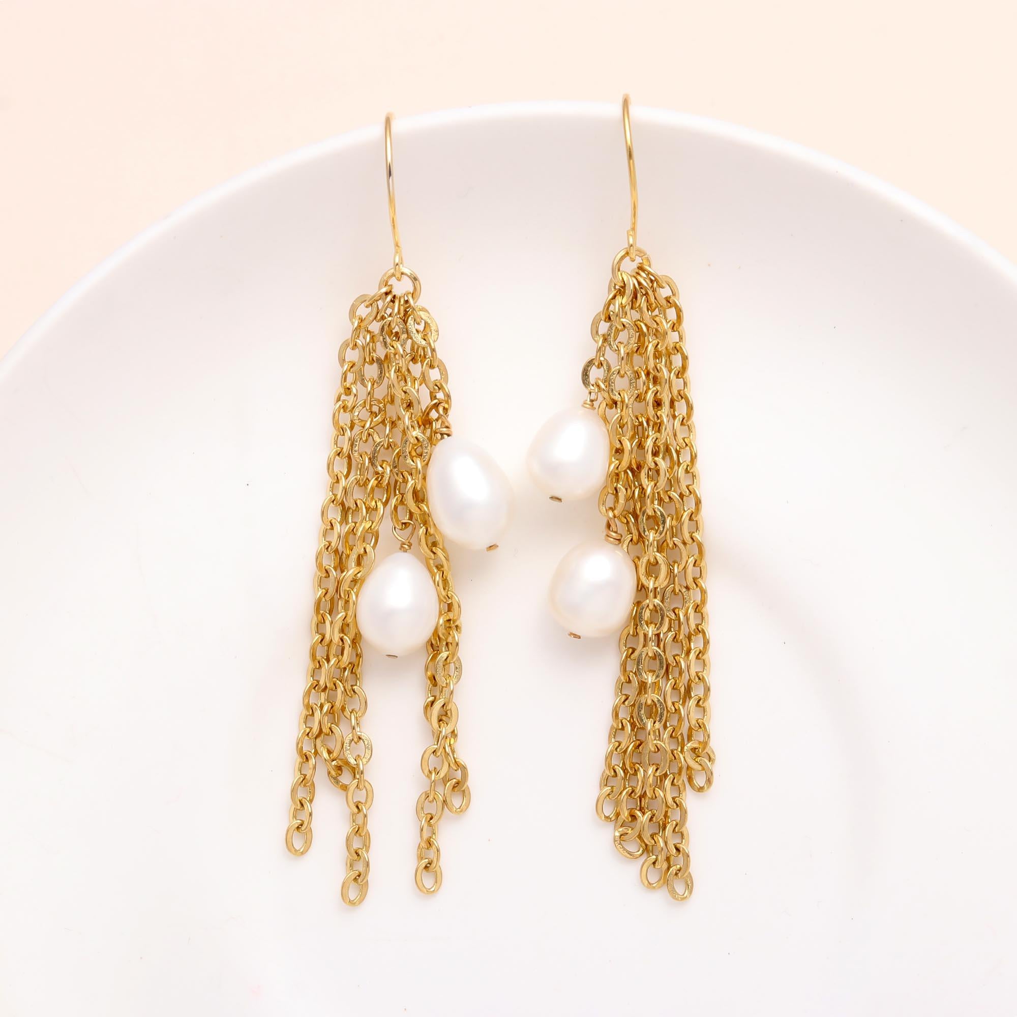 925 Sterling Silver Baroque Pearls Chain Fringe Earrings