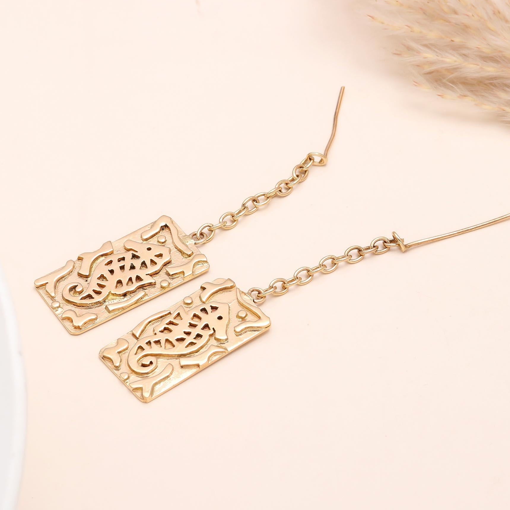 The Golden Seahorse: Intricate Cutout Drop Earrings