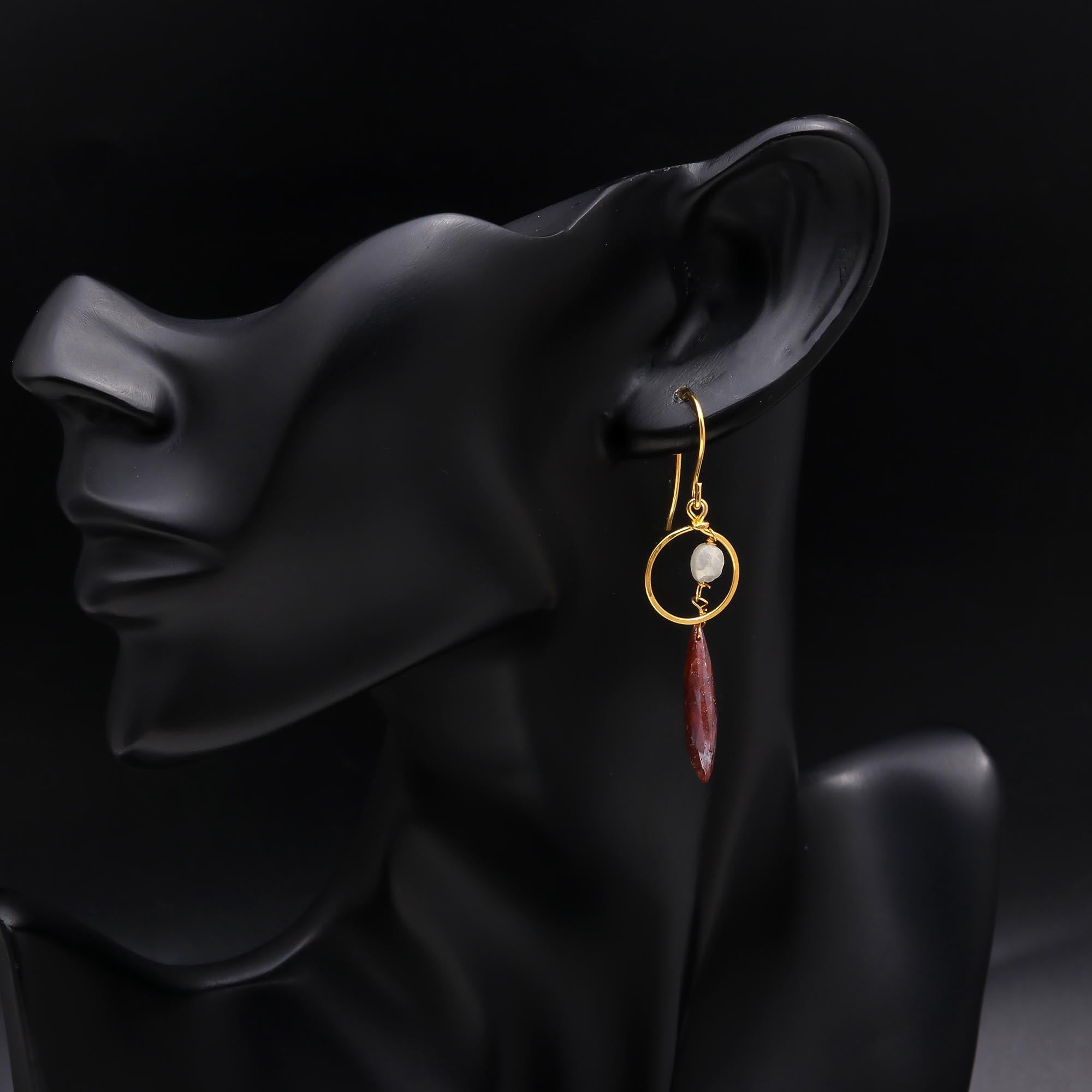 925 Sterling Silver Sunstone & Moonstone Hoop Dangle Earrings