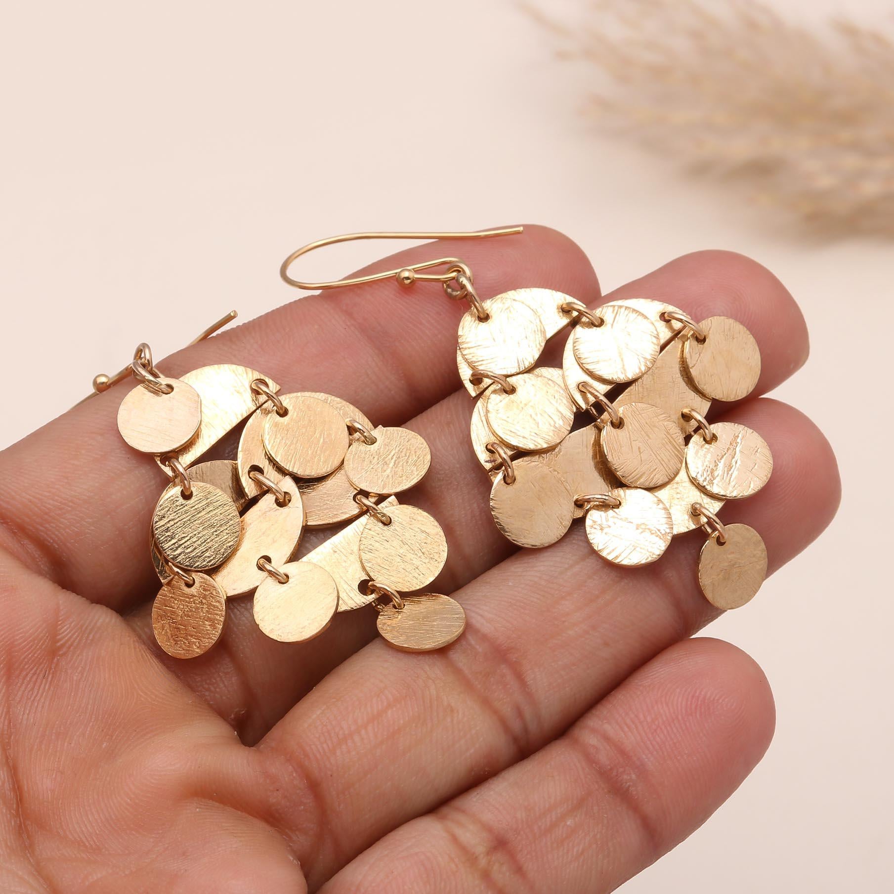 The Golden Cascade: Textured Disc Chandelier Earrings