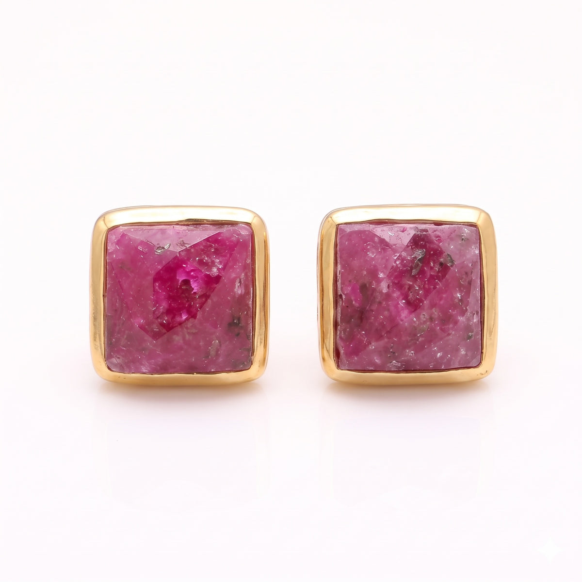 The Crimson Square: Faceted Ruby Bezel Stud Earrings in 18K gold plated brass