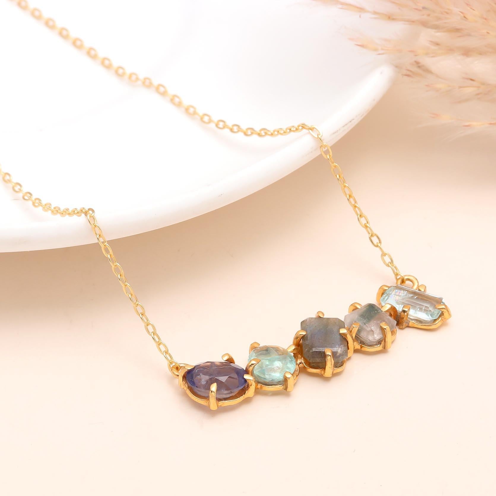 The Prism Arc: Multi-Gemstone Curved Bar Necklace