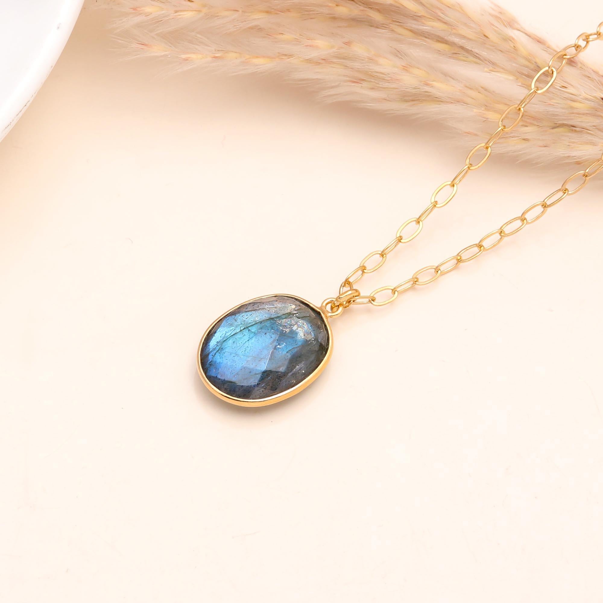 925 Sterling Silver Labradorite Oval Pendant Necklace