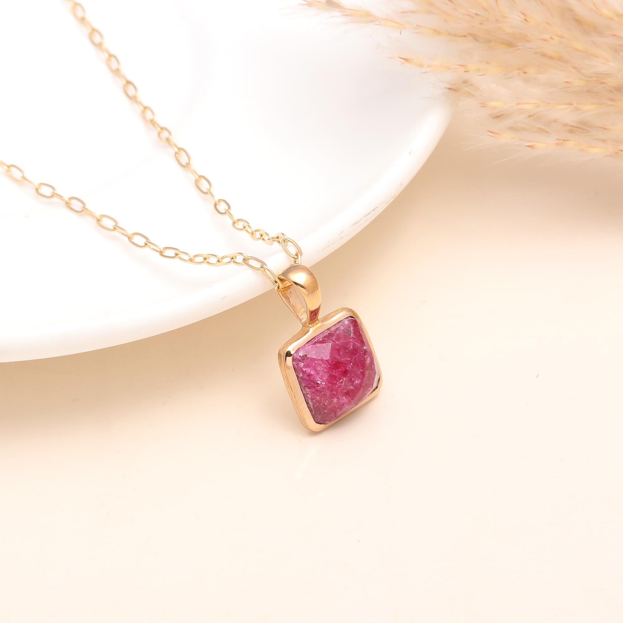925 Sterling Silver Raw Ruby Square Pendant Necklace