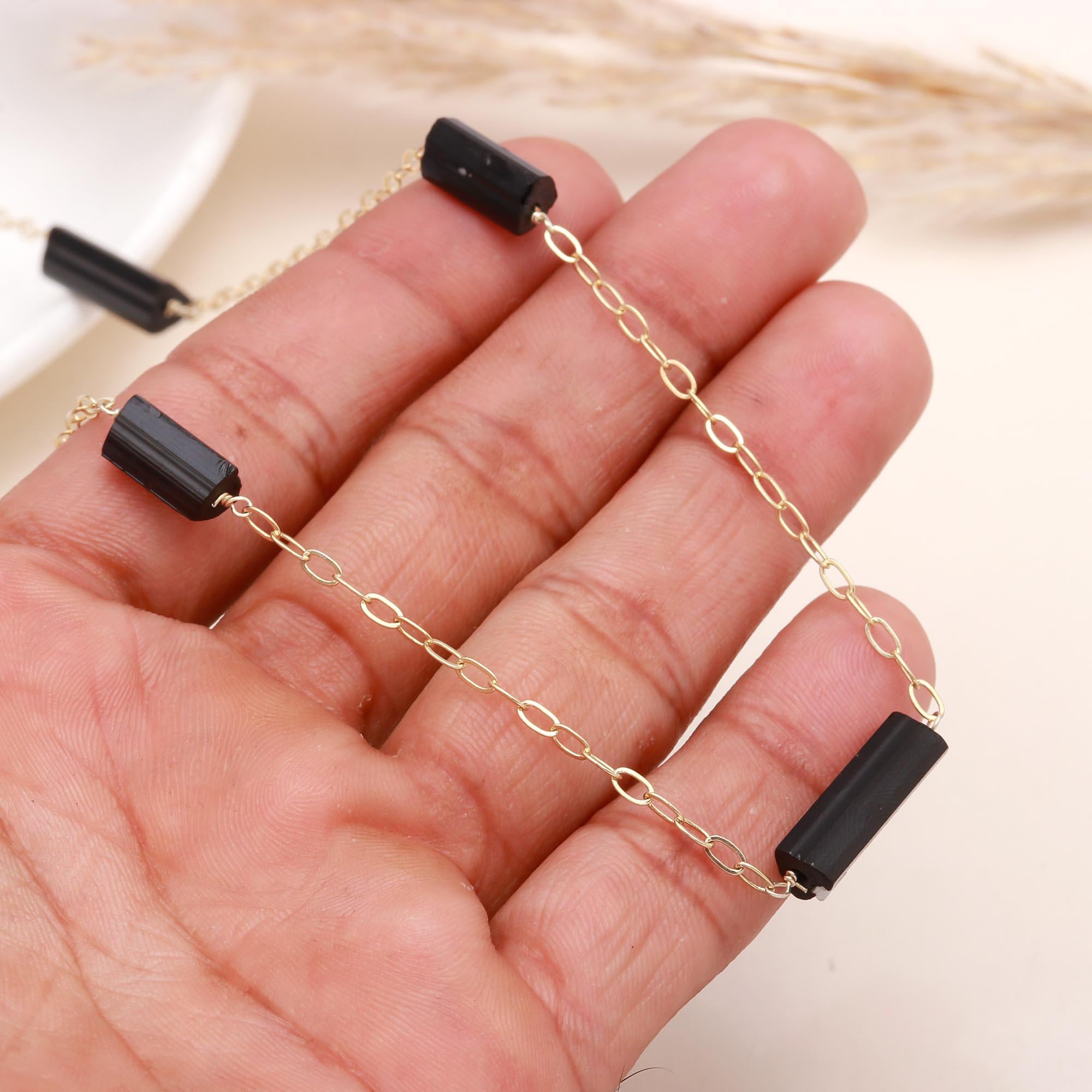 925 Sterling Silver Chain Black Tourmaline Bar Necklace
