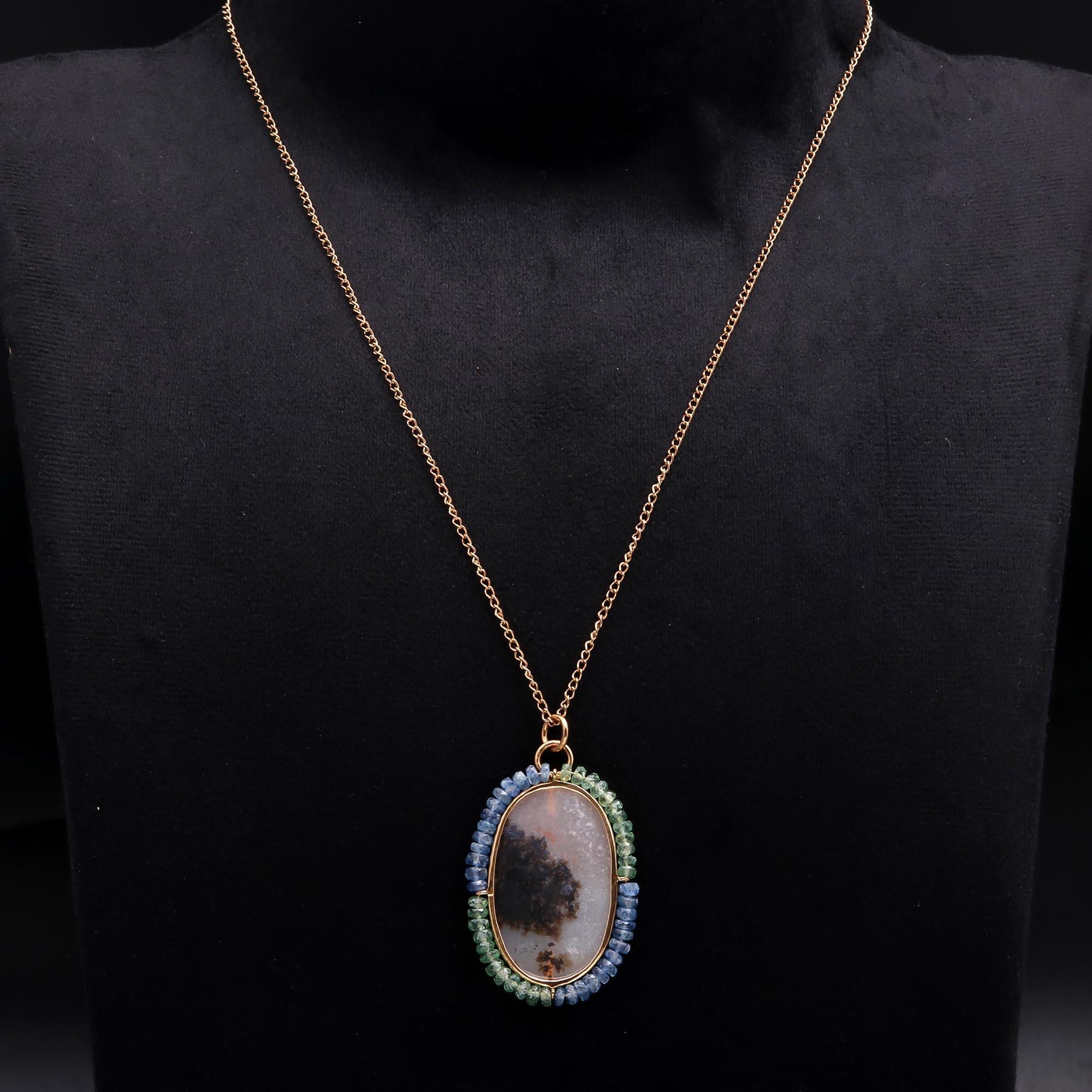 Dendritic Agate Pendant Necklace with Kyanite and Green Garnet