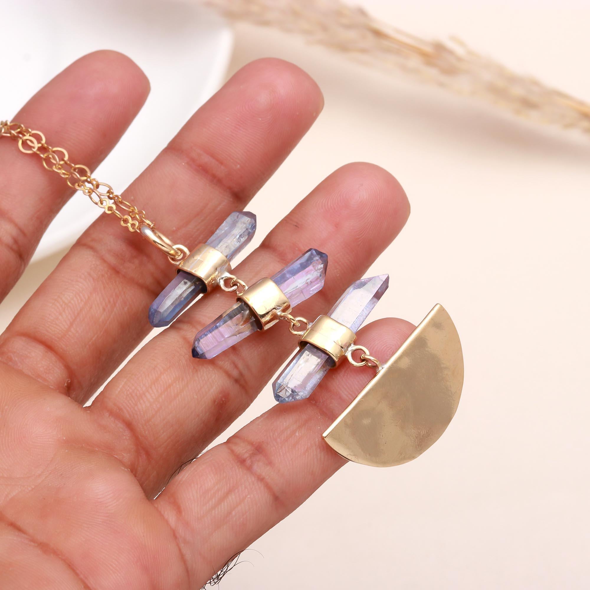 The Triple Crystal: Aura Quartz Moon Necklace