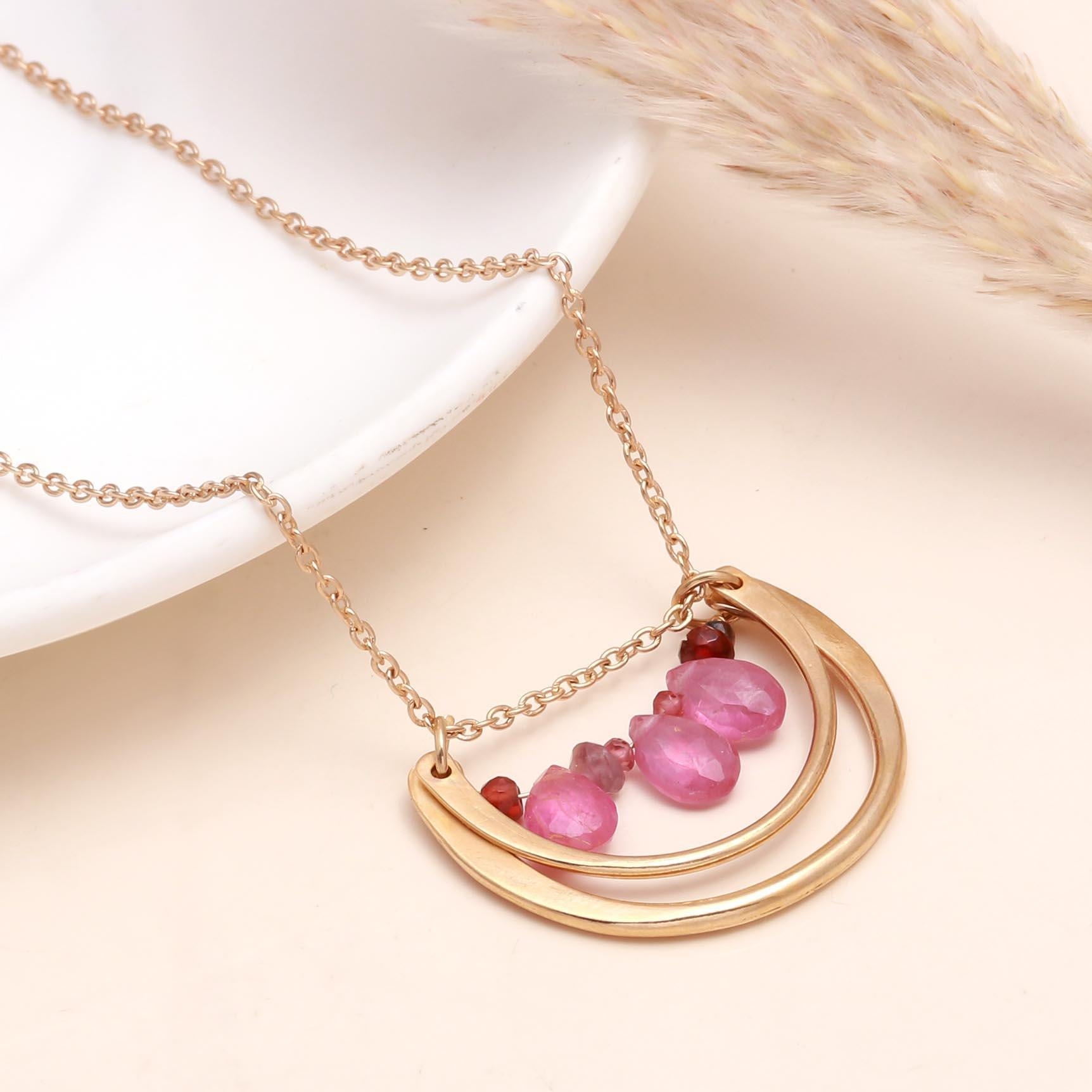 The Ruby Curve: Pink Tourmaline Gold Arc Bib Necklace