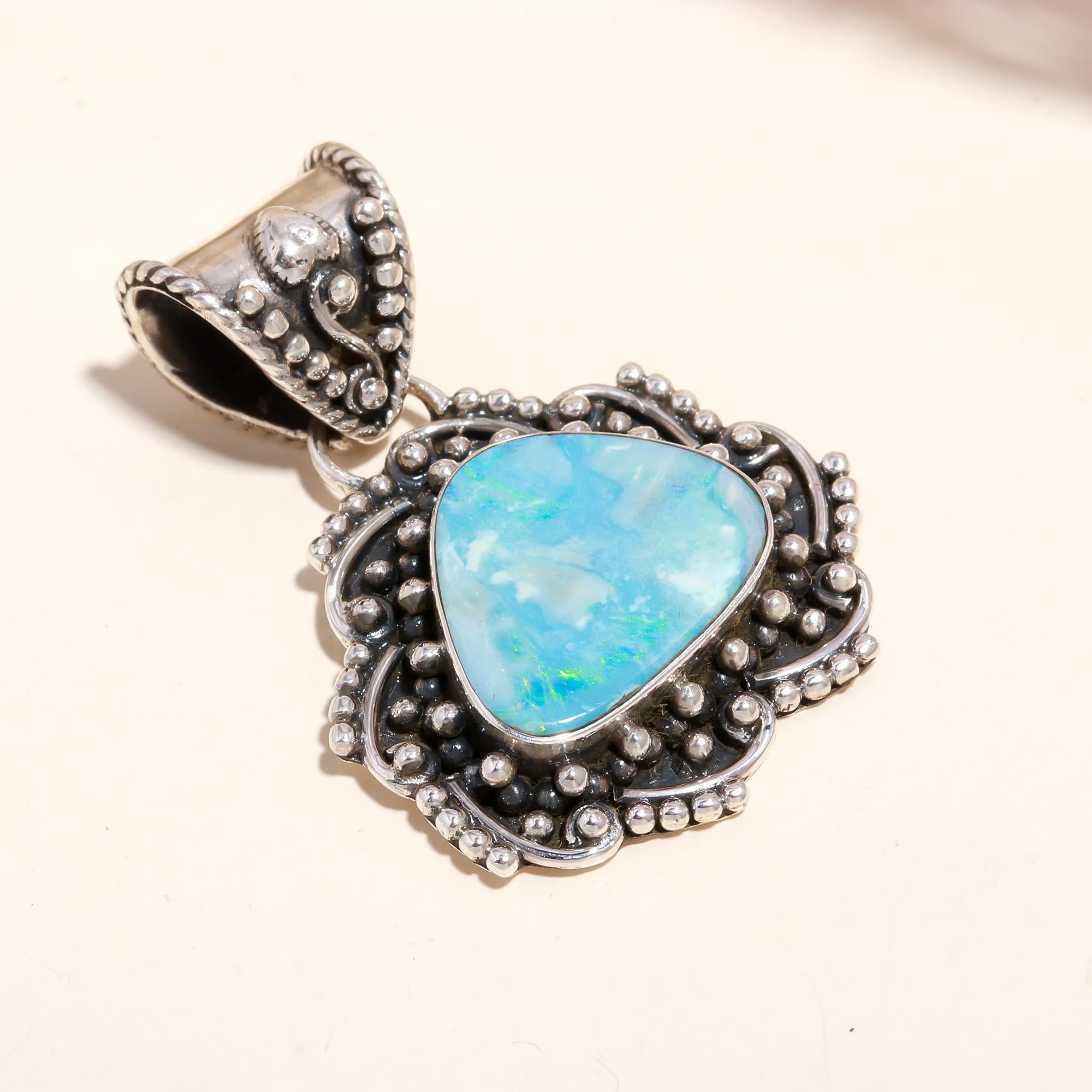 The Opal Mosaic: Artisan Textured Silver Shield Pendant