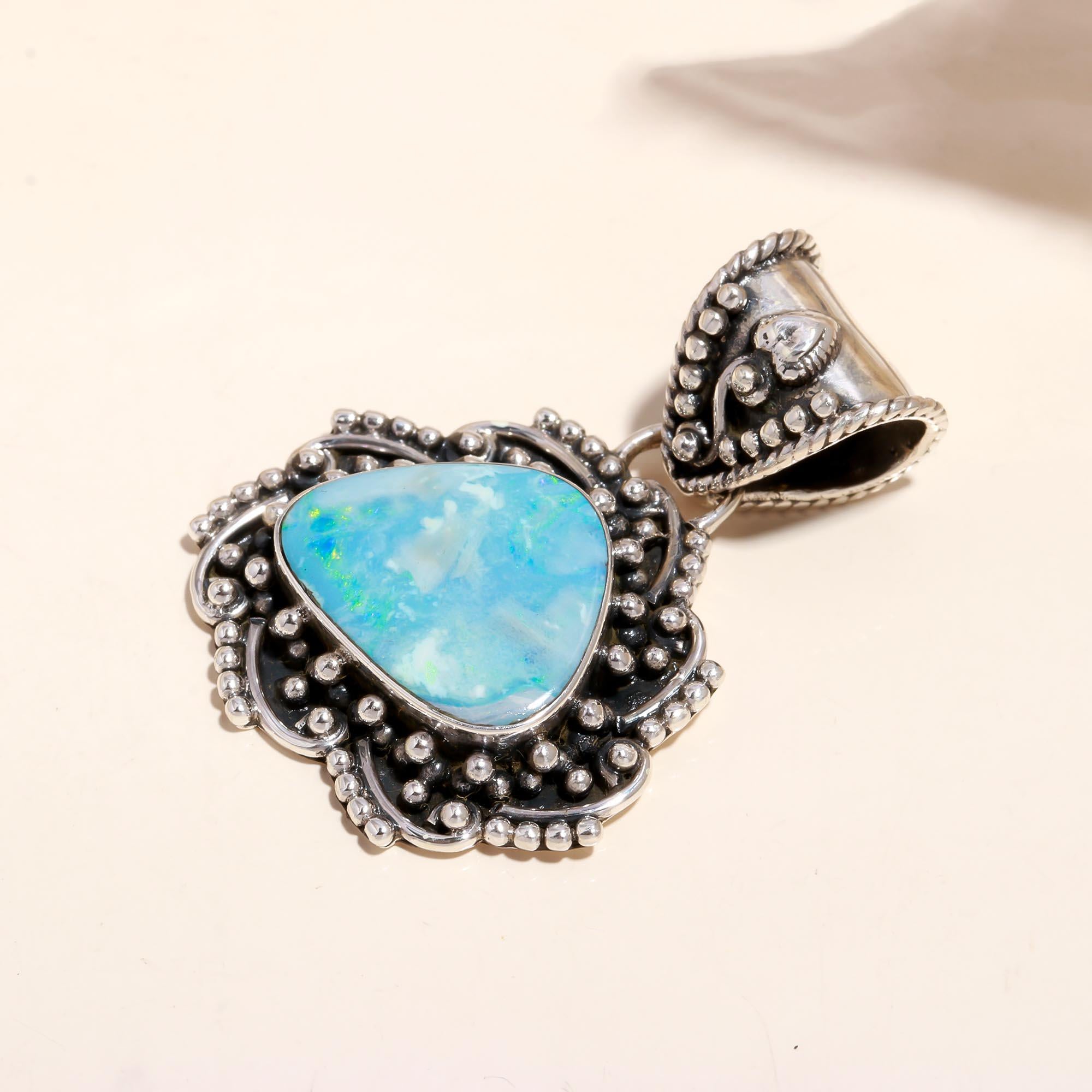 The Opal Mosaic: Artisan Textured Silver Shield Pendant