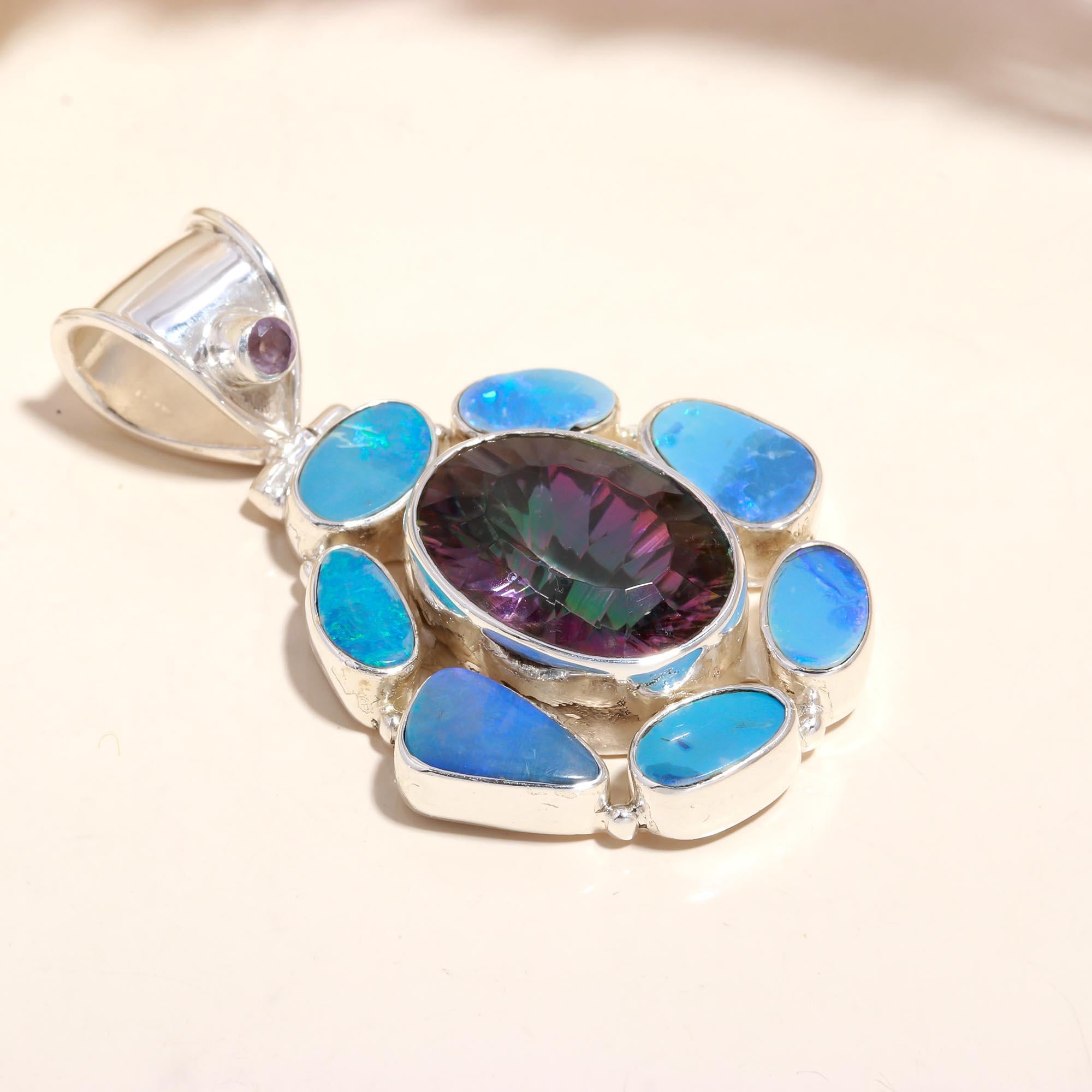 The Opal Bloom: Multi-Stone Floral Silver Pendant