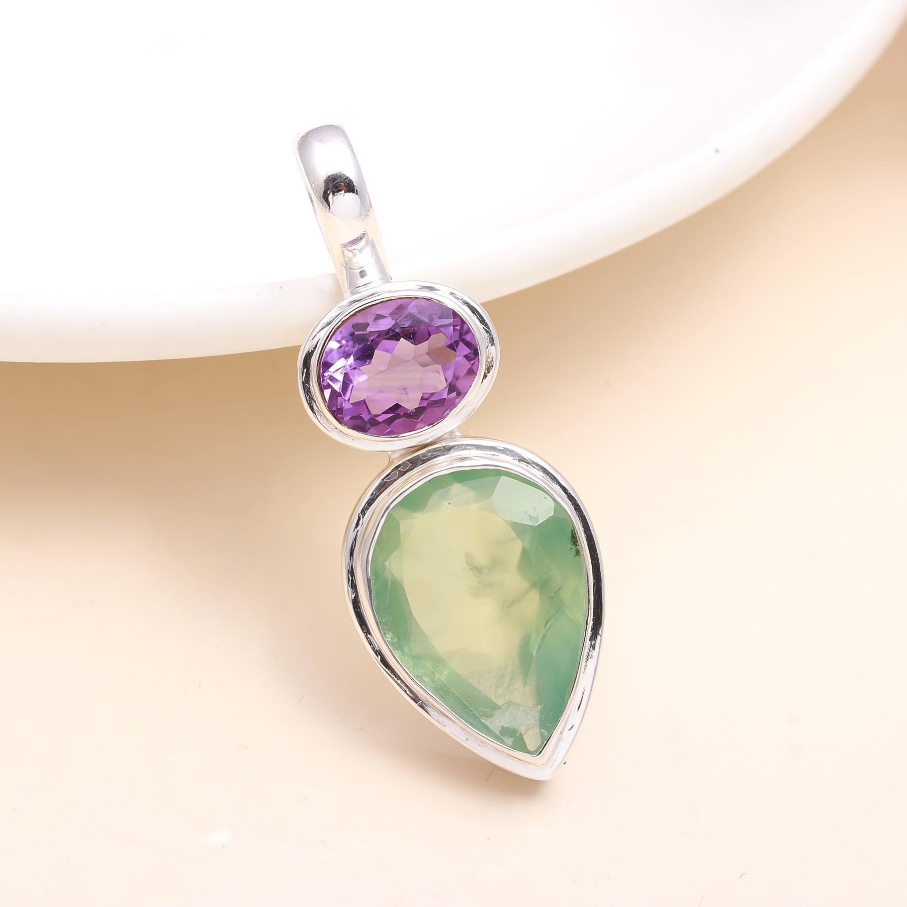 The Pastel Duo: Amethyst & Prehnite Silver Pendant