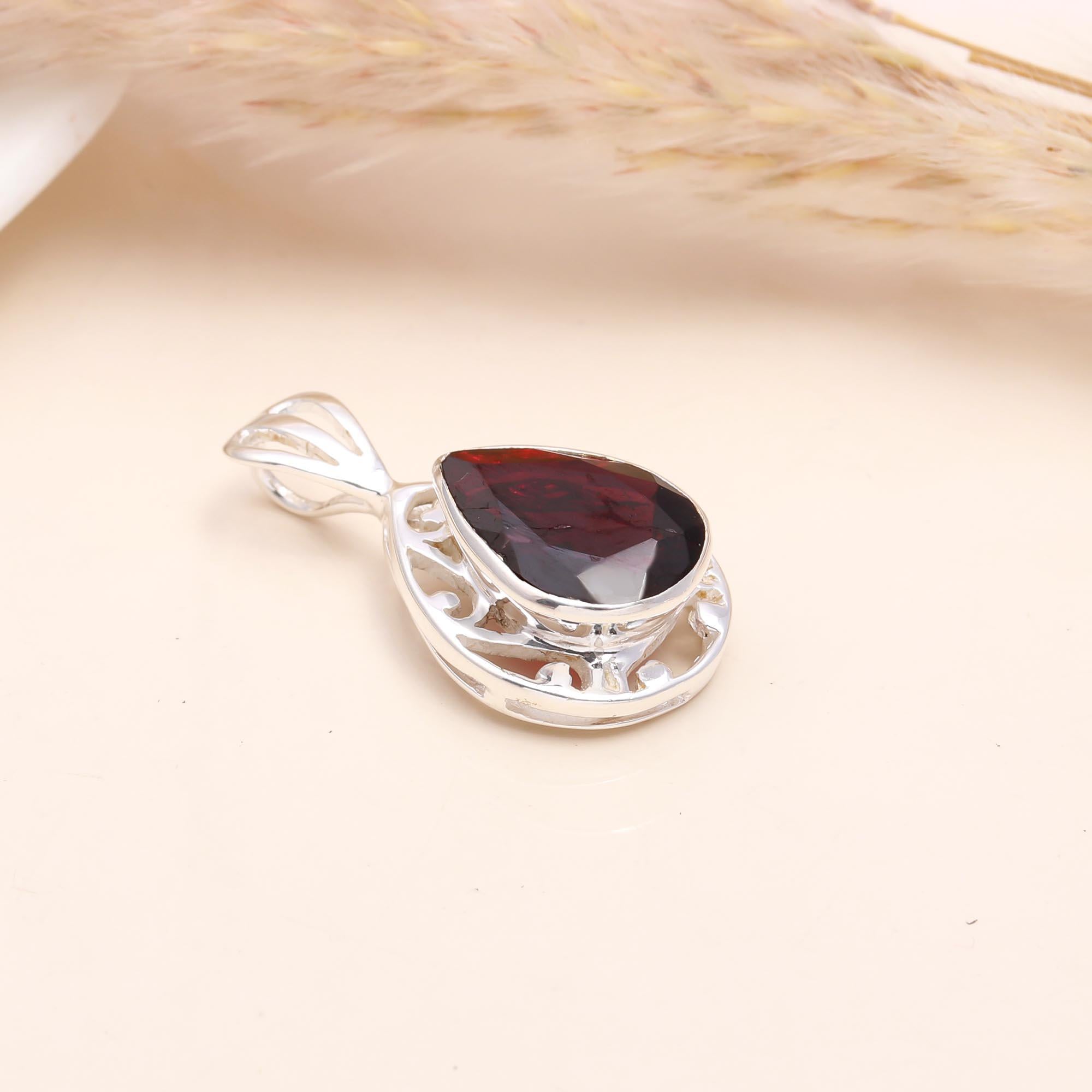 The Garnet Scroll: Garnet Silver Filigree Pendant