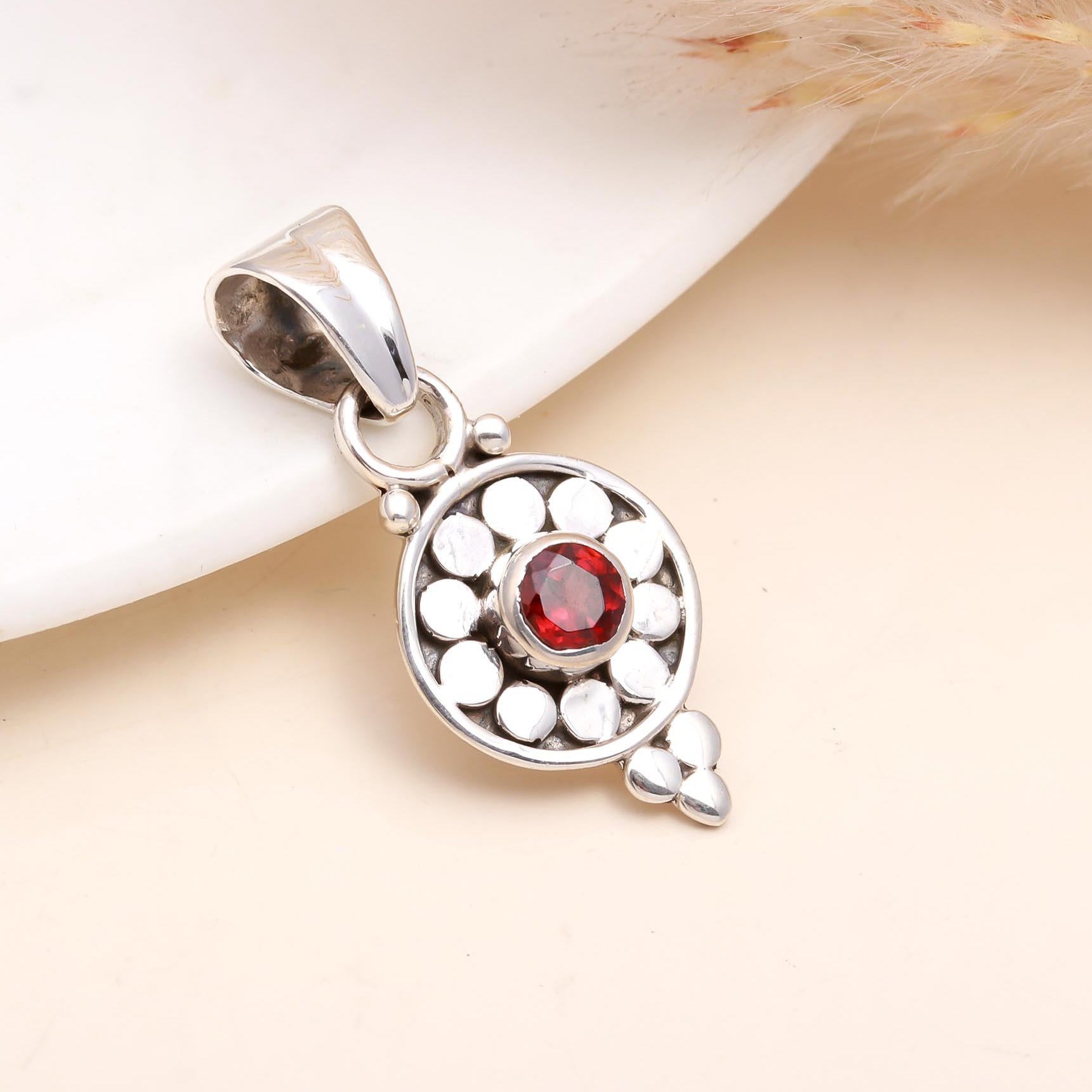 The Garnet Rosette: Silver Floral Mandala Charm