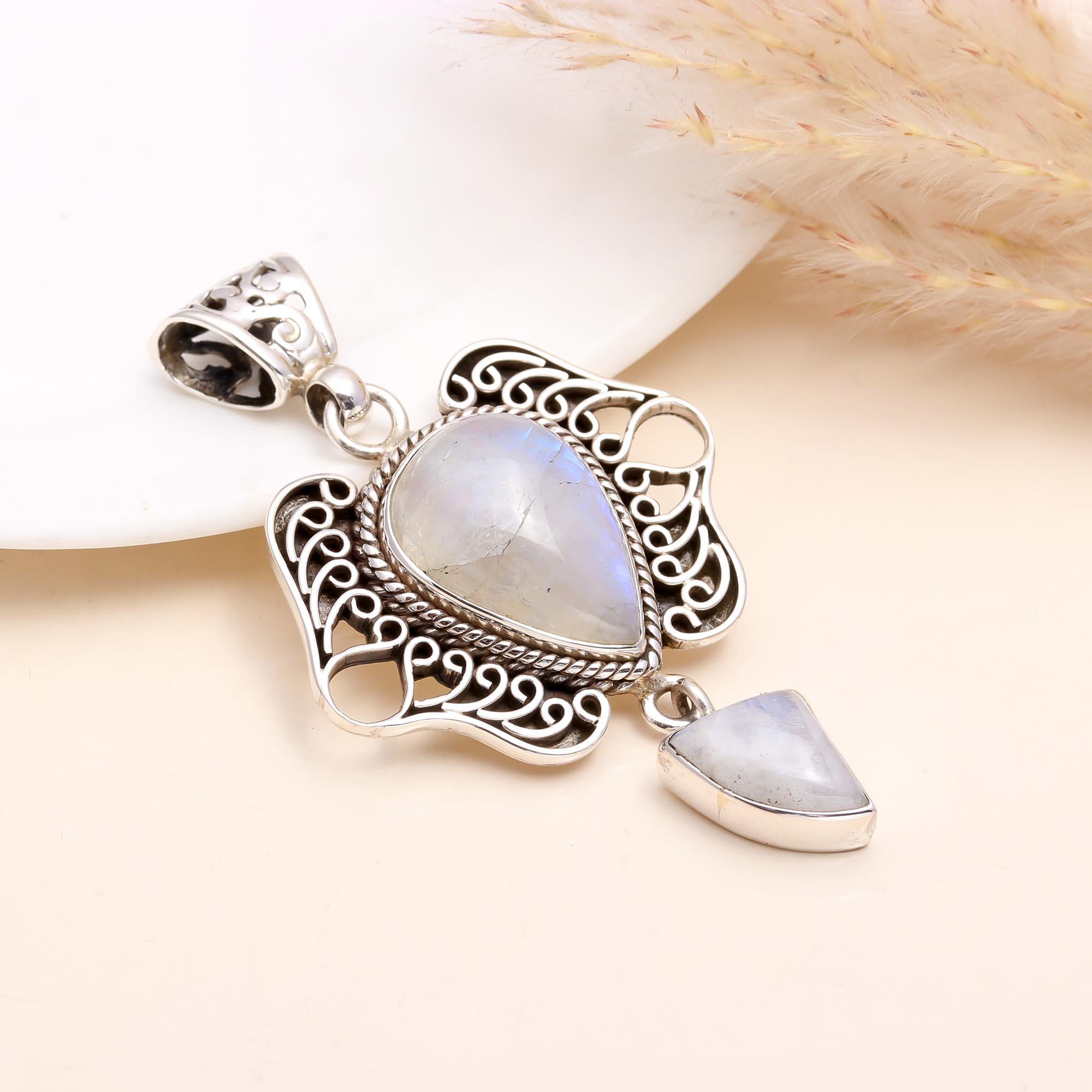 The Moonstone Wings: Silver Ornate Statement Pendant