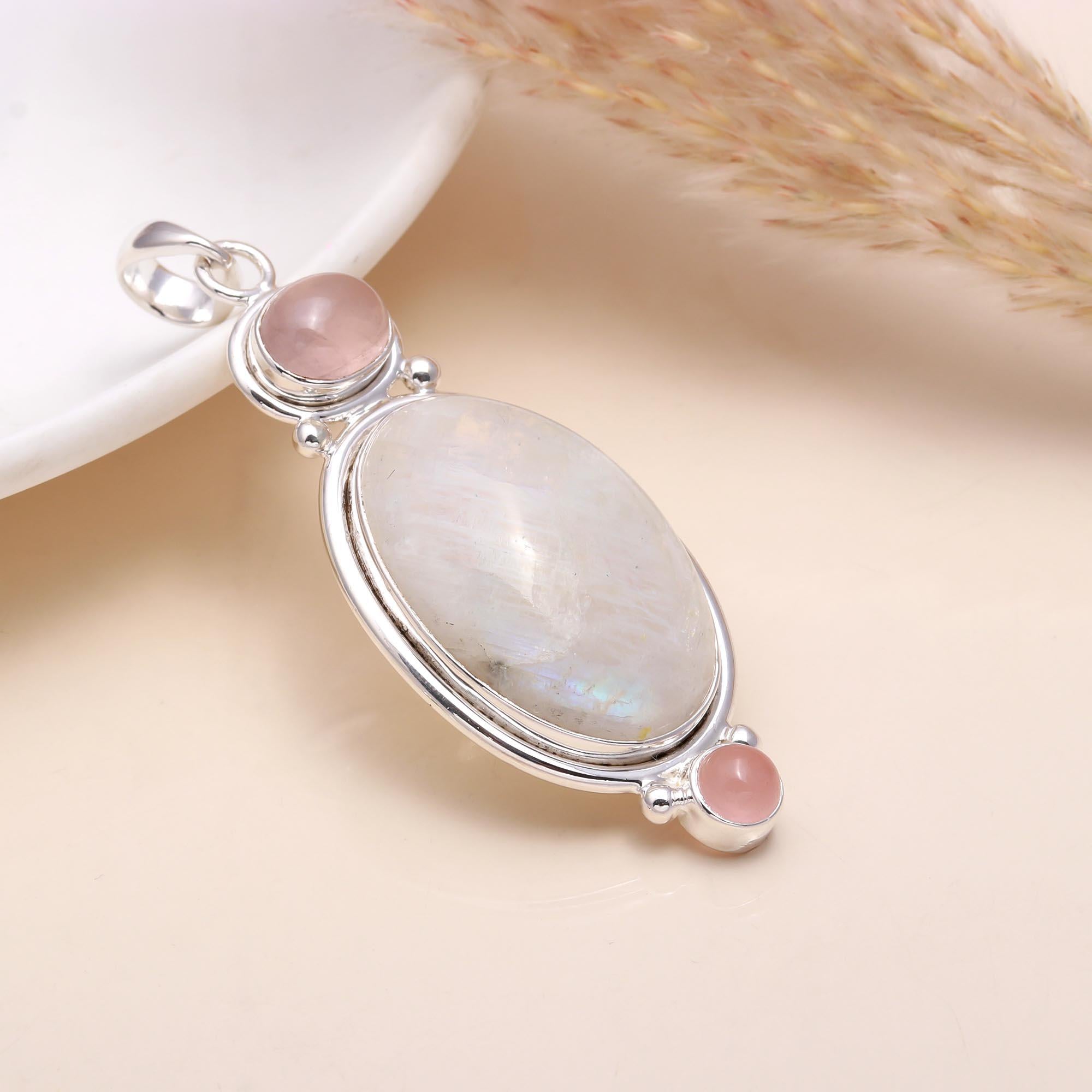 The Rose Moon: Rose Quartz & Moonstone Silver Pendant