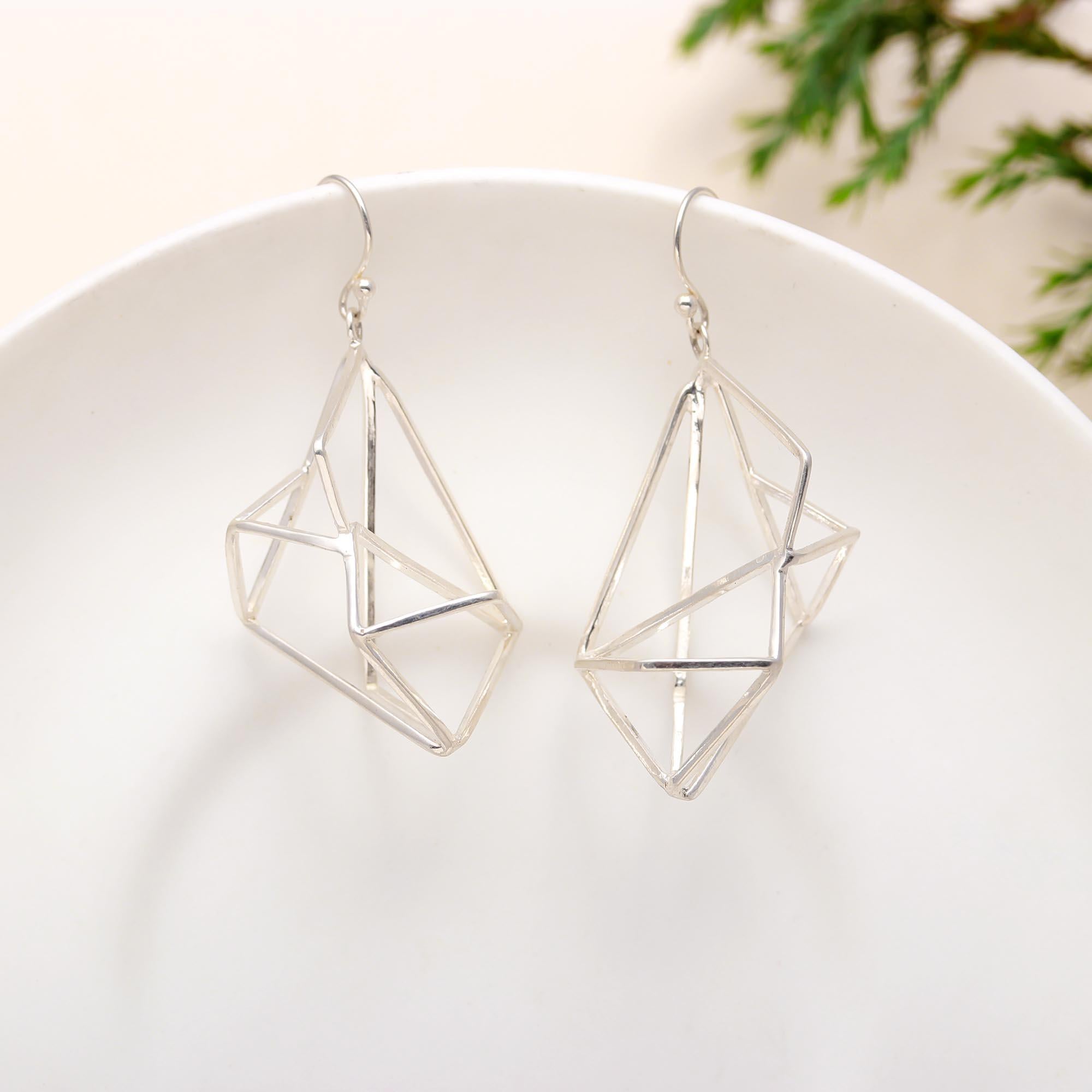 The Silver Construct: Geometric Prism Drop Earrings