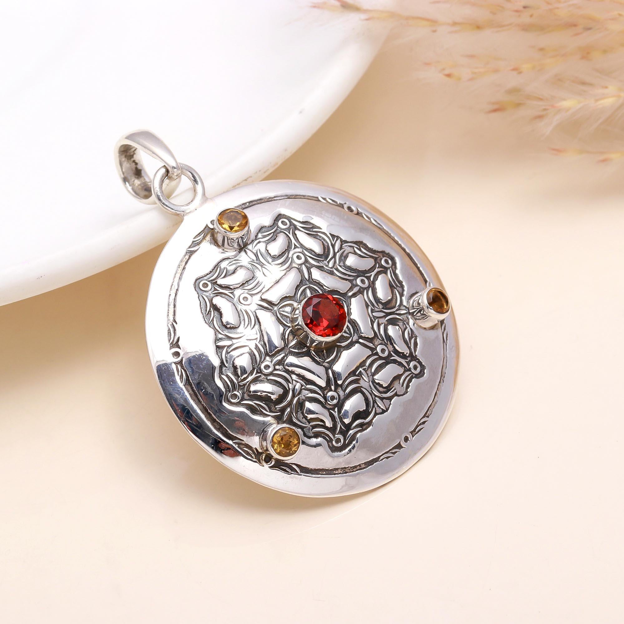 925 Sterling Silver Garnet & Citrine Medallion Pendant