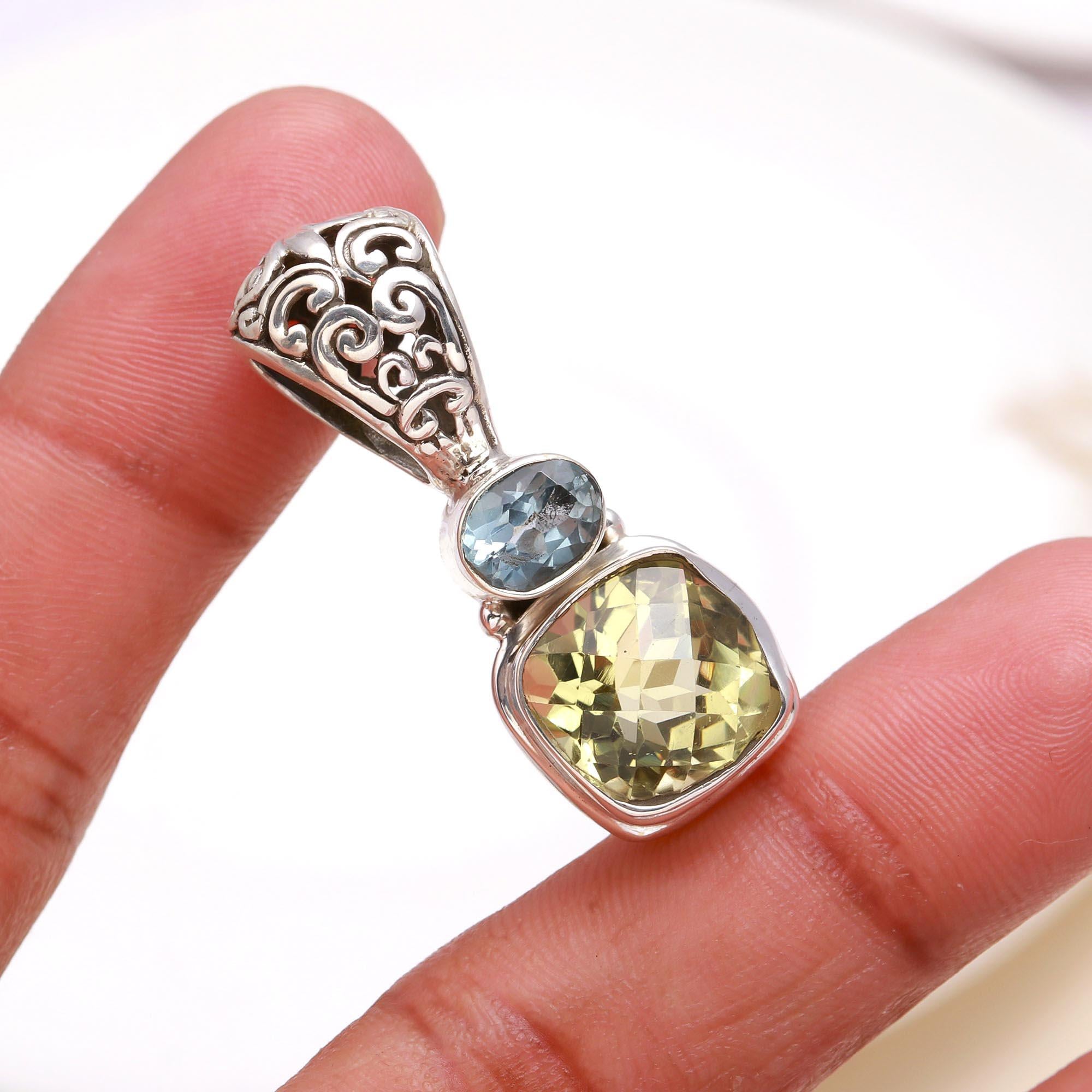925 Sterling Silver Blue Topaz & Lemon Quartz Pendant