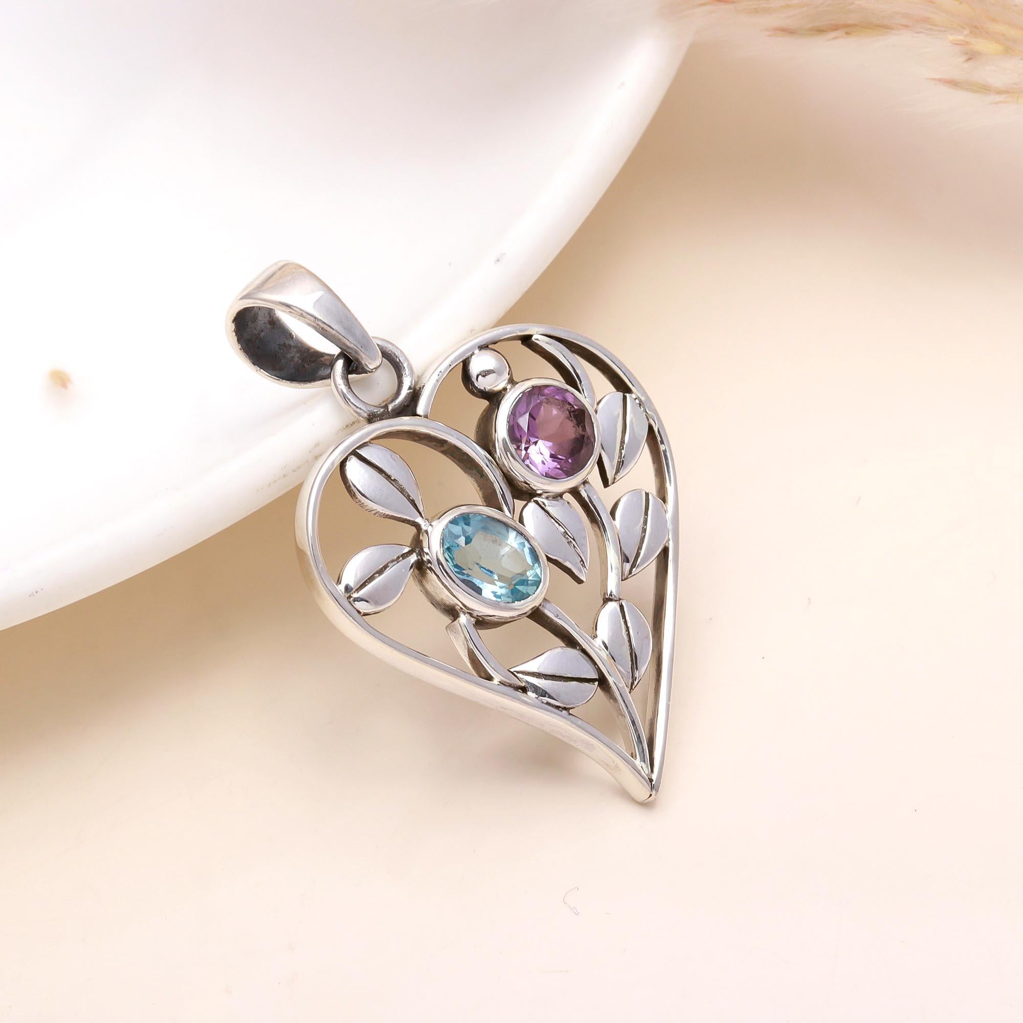 925 Sterling Silver Heart Pendant with Amethyst & Blue Topaz
