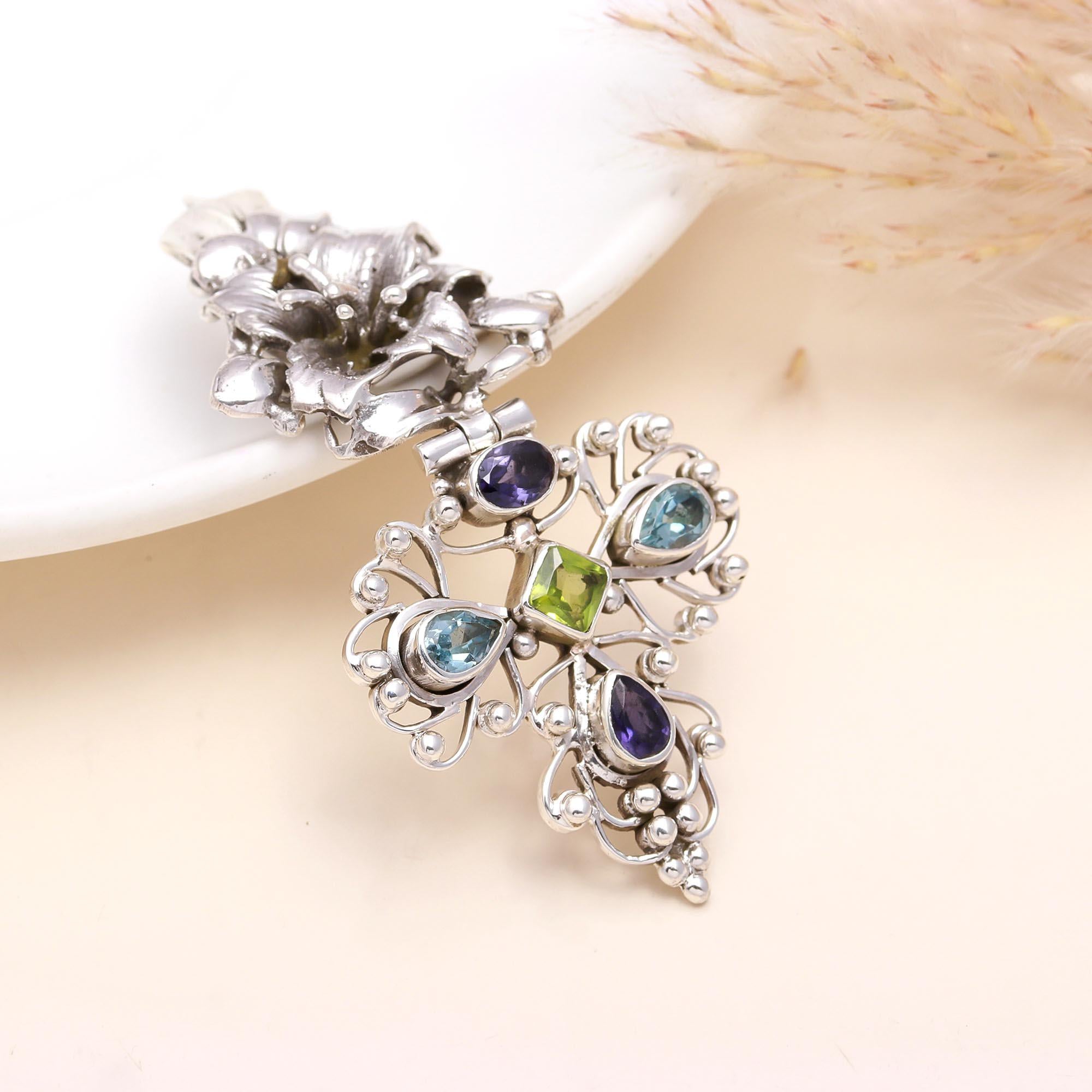 925 Sterling Silver Multicolor Gemstone Vintage Filigree Cross Pendant