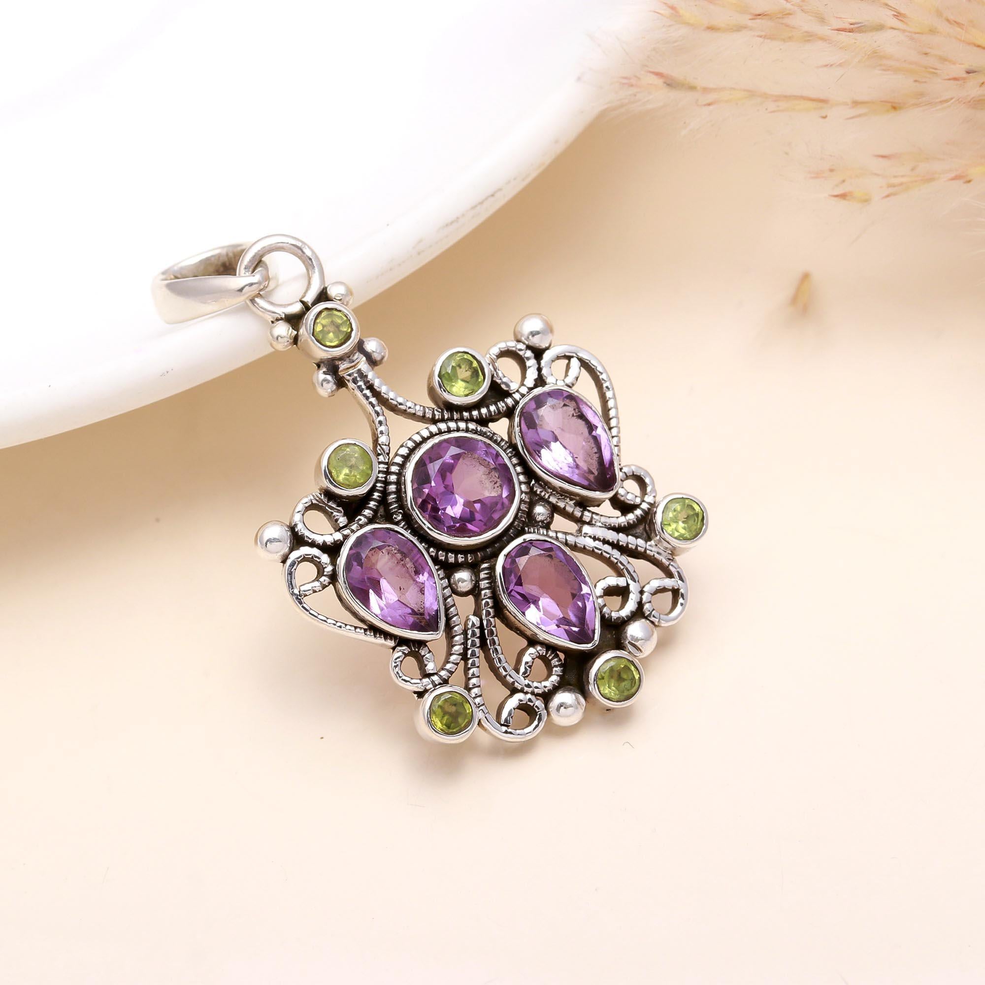 925 Sterling Silver Vintage Amethyst & Peridot Gemstone Filigree Pendant