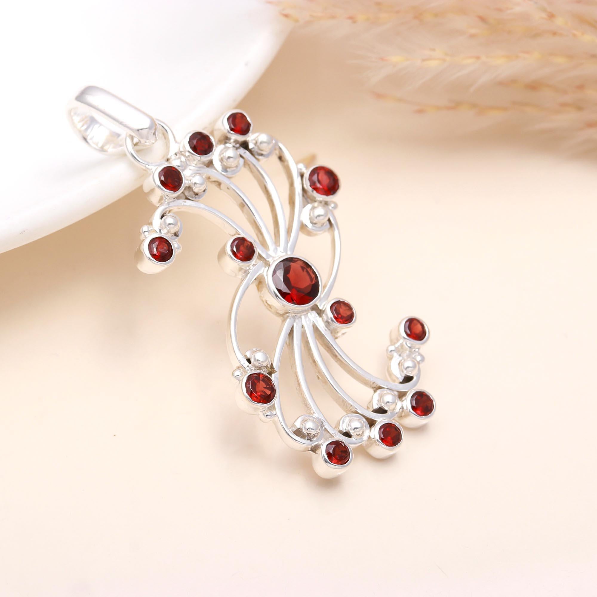 925 Sterling Silver Round Garnet Filigree Statement Pendant