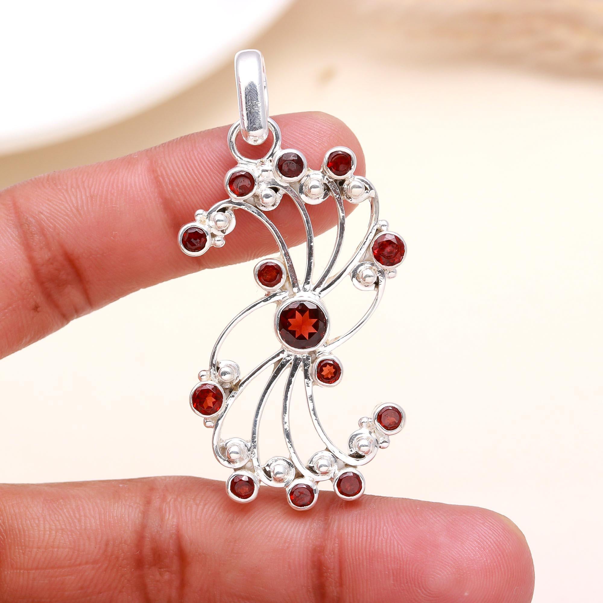 925 Sterling Silver Round Garnet Filigree Statement Pendant