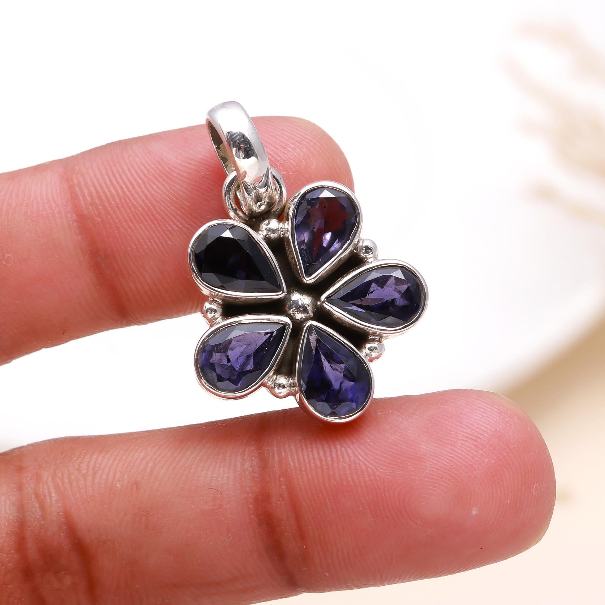925 Sterling Silver Iolite Flower Pendant