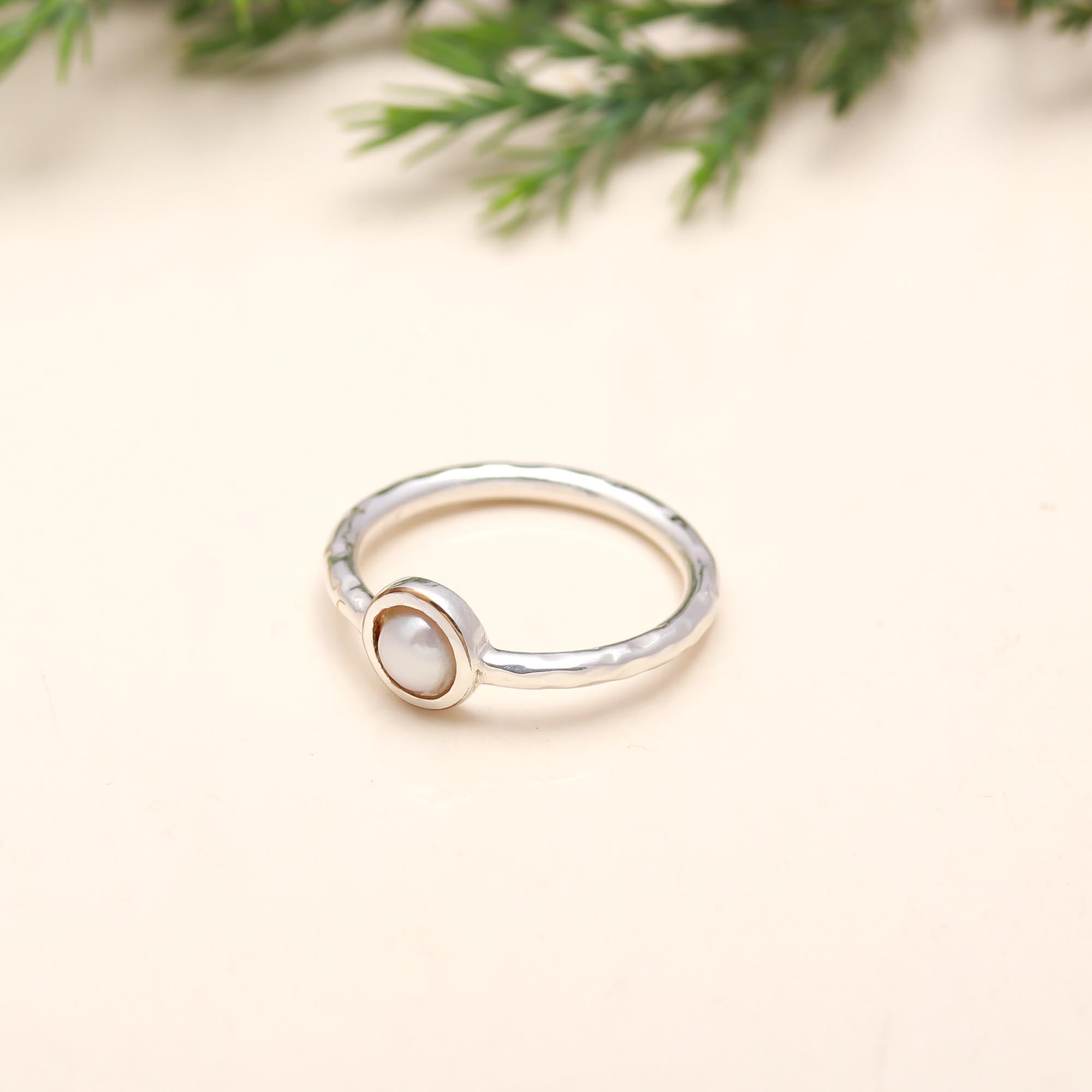 The Lunar Dot: Pearl & Hammered Silver Solitaire Ring