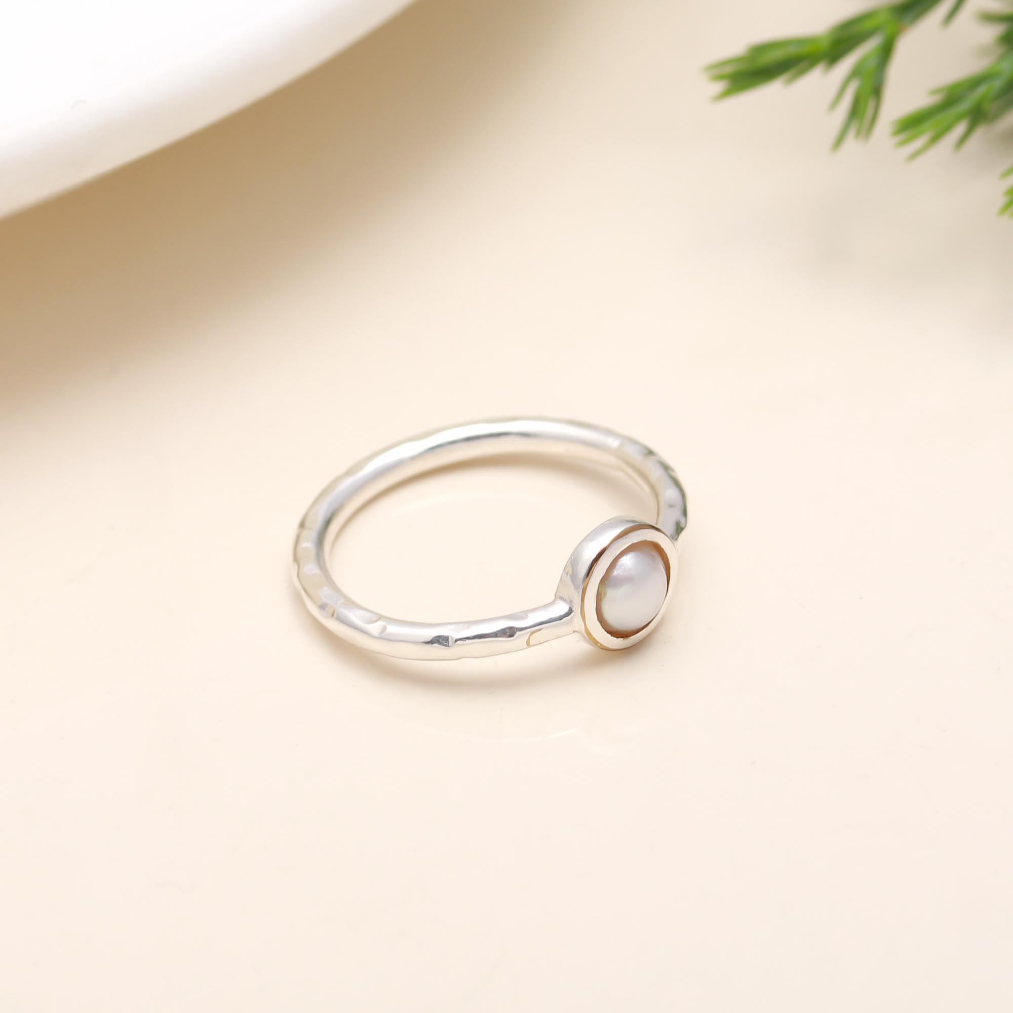 The Lunar Dot: Pearl & Hammered Silver Solitaire Ring