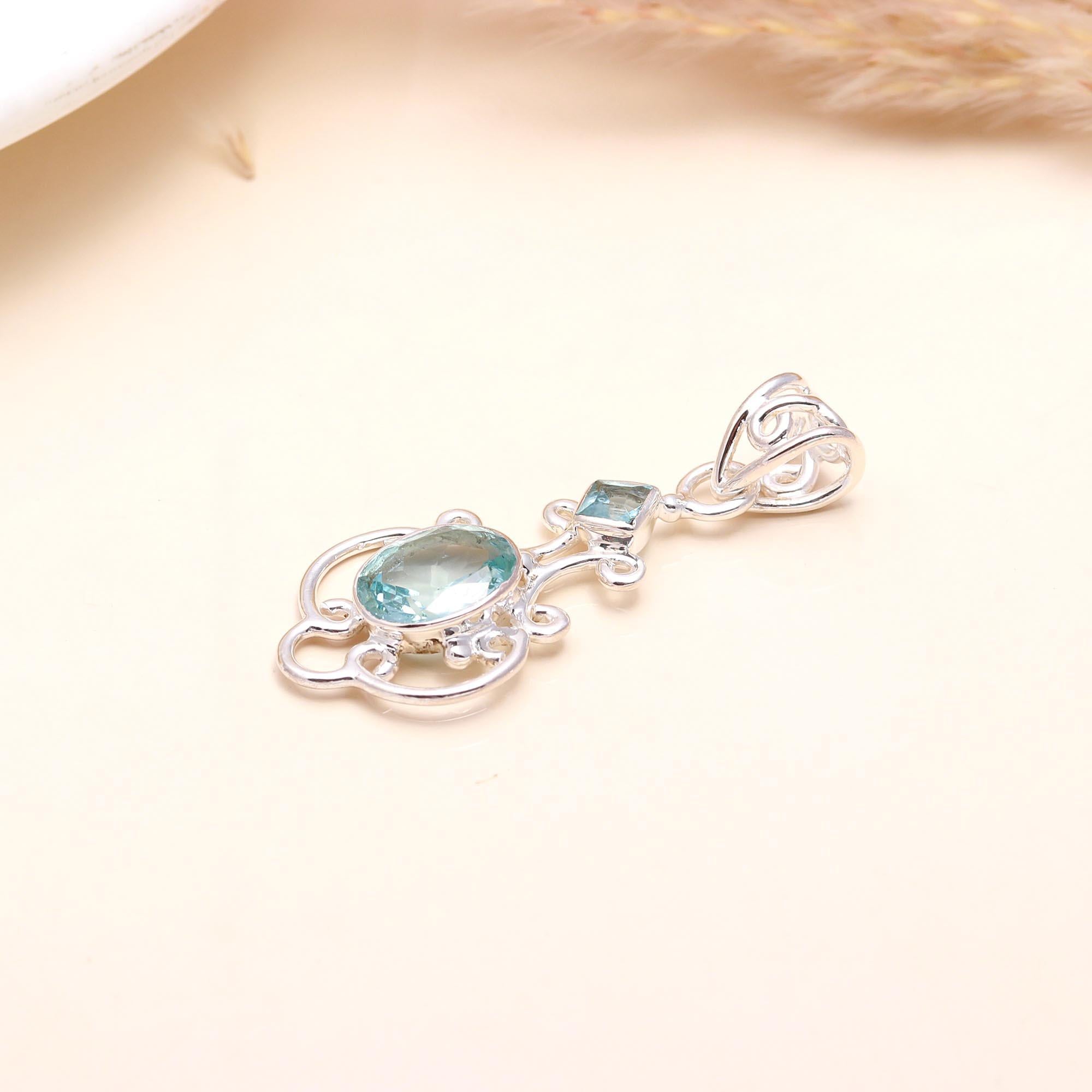925 Silver Blue Topaz Filigree Pendant
