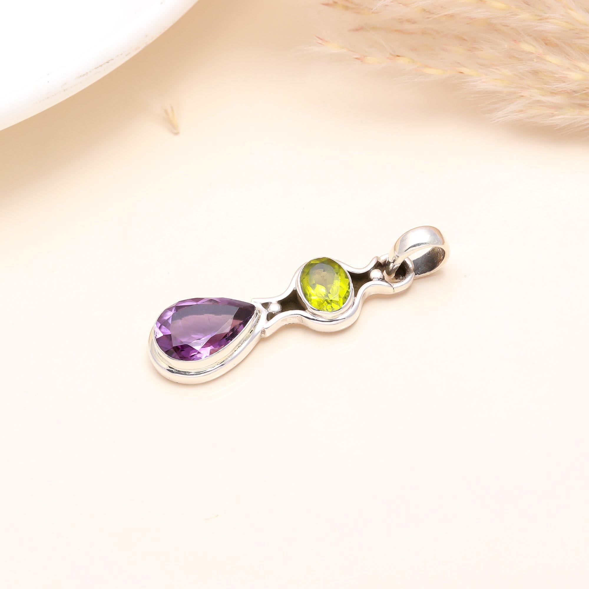925 Sterling Silver Amethyst & Peridot Drop Pendant