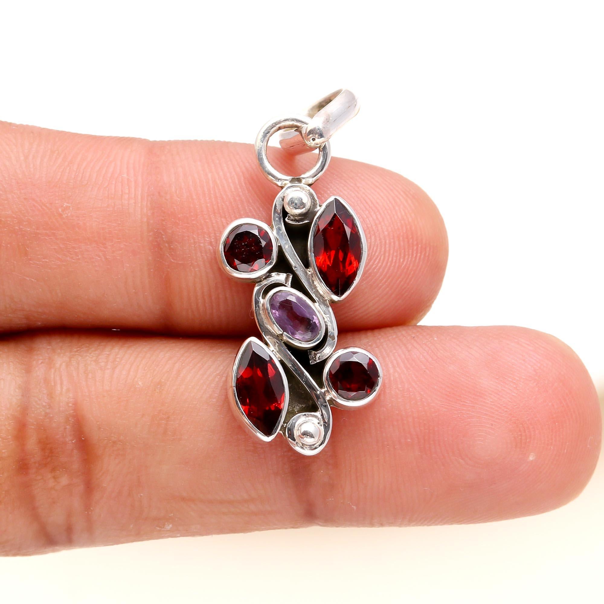 925 Sterling Silver Garnet & Amethyst Pendant
