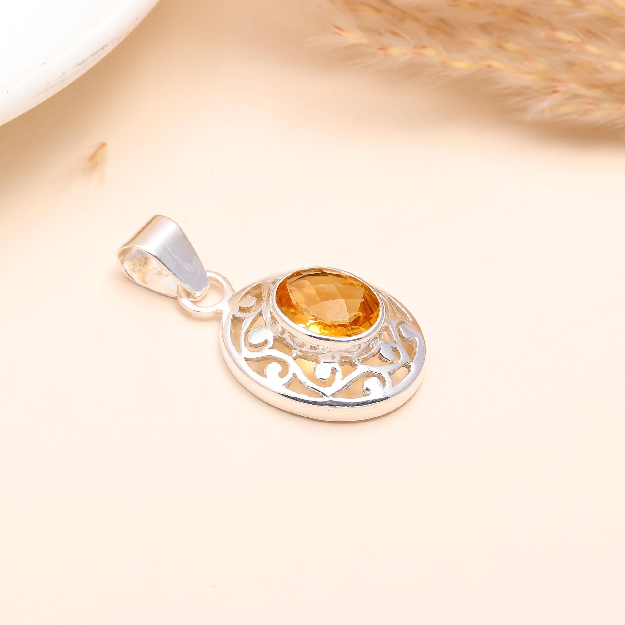925 Sterling Silver Citrine Gemstone Filigree Pendant