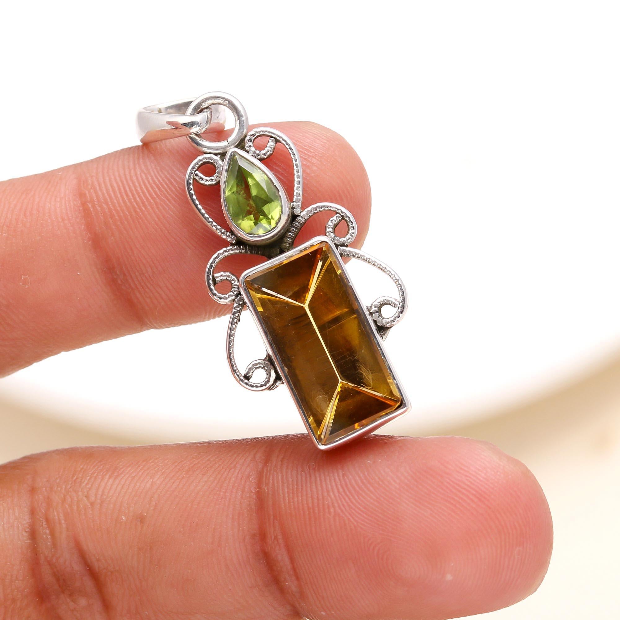 925 Sterling Silver Vintage Style Citrine & Peridot Filigree Pendant