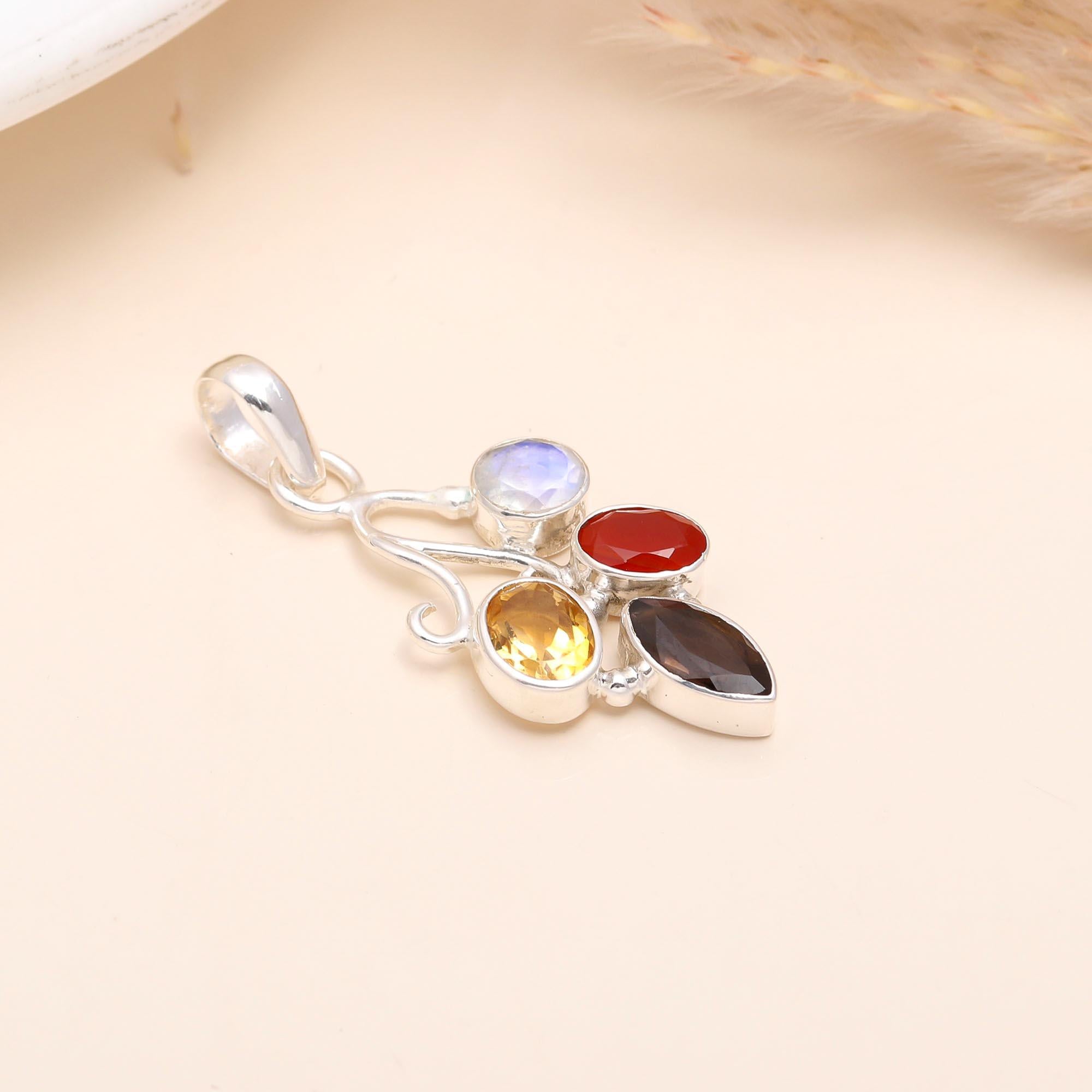 925 Sterling Silver Citrine, Moonstone, Carnelian & Smoky Quartz Multi-Gemstone Filigree Pendant
