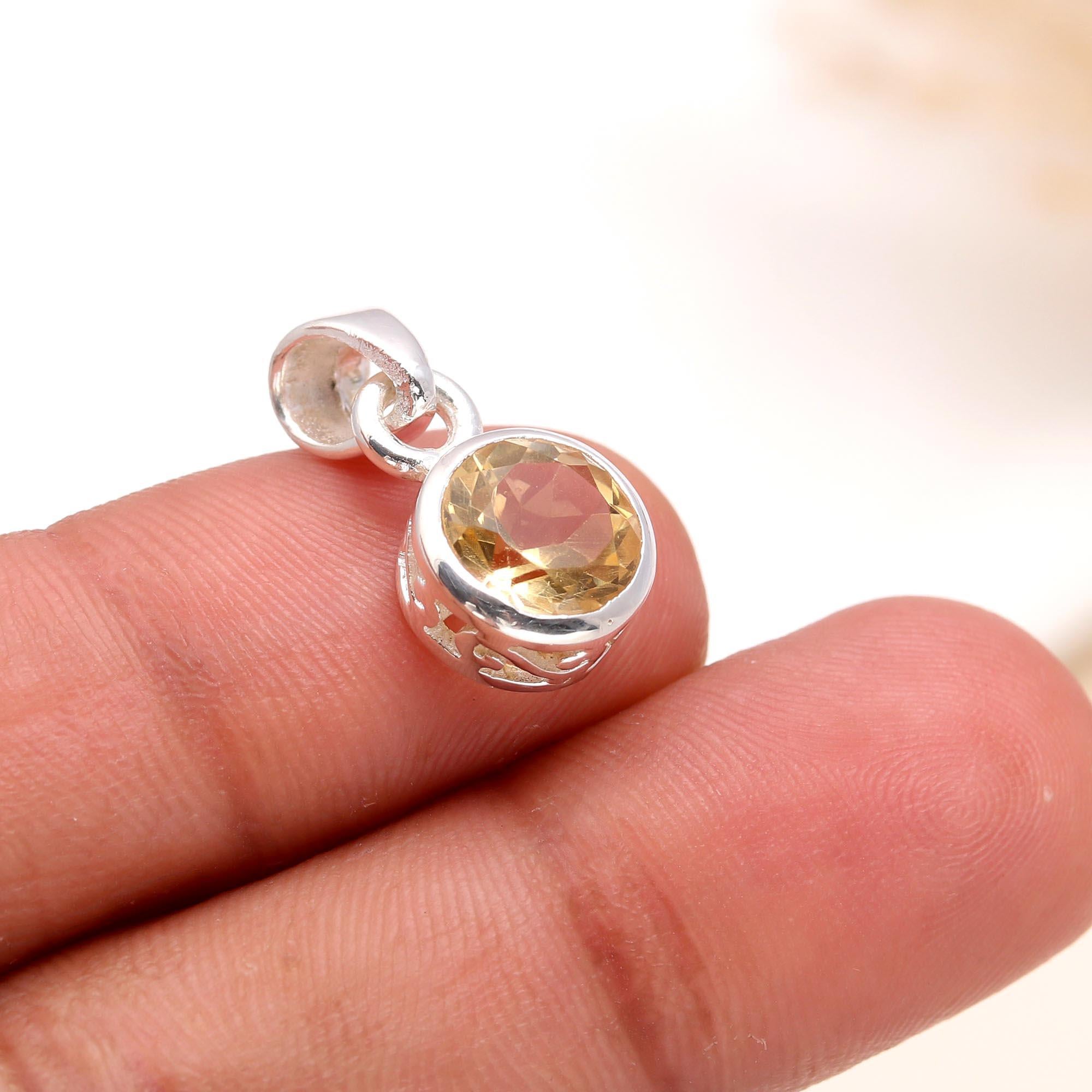 925 Sterling Silver Round Citrine Classic Minimalist Pendant