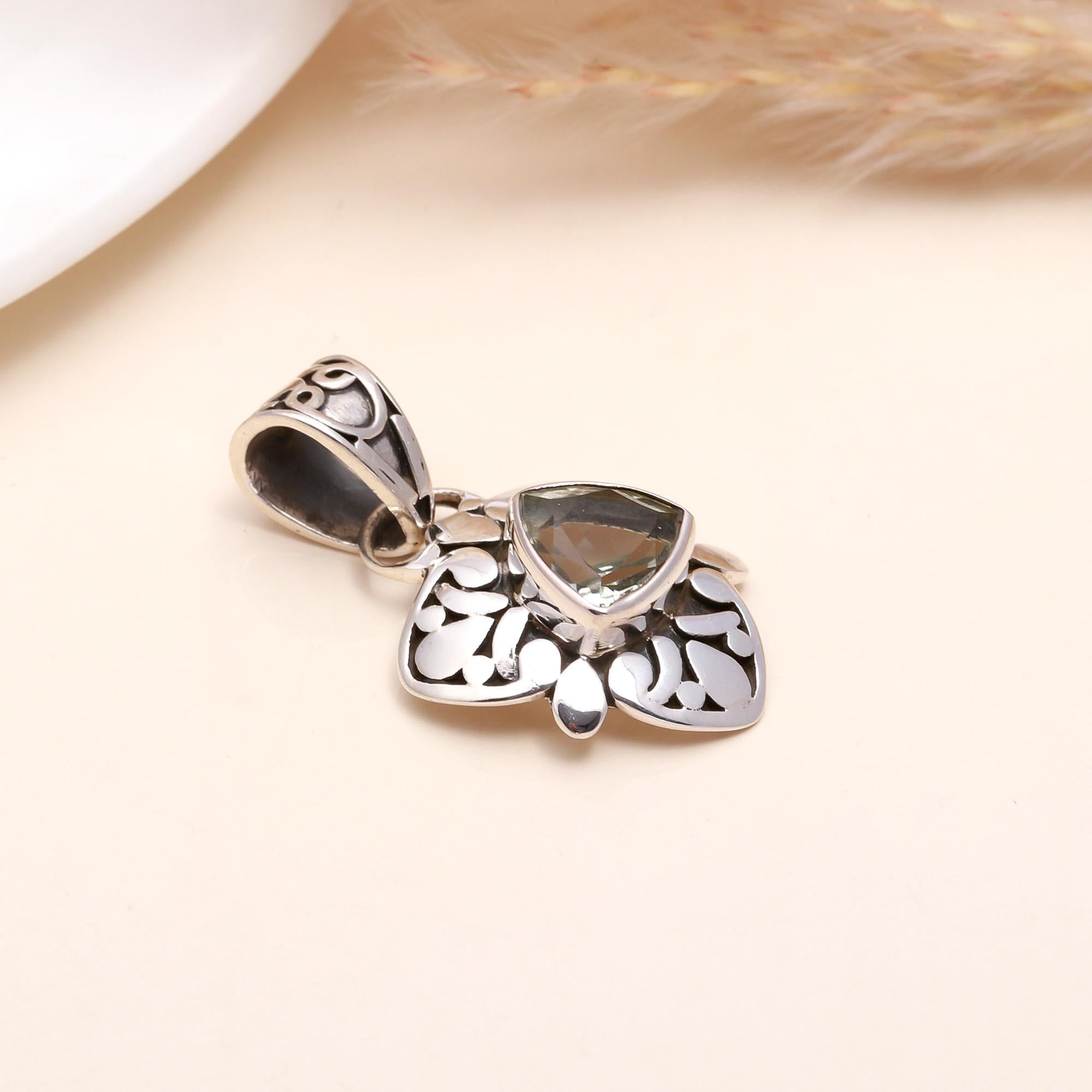925 Sterling Silver Trillion Cut Green Amethyst Filigree Pendant