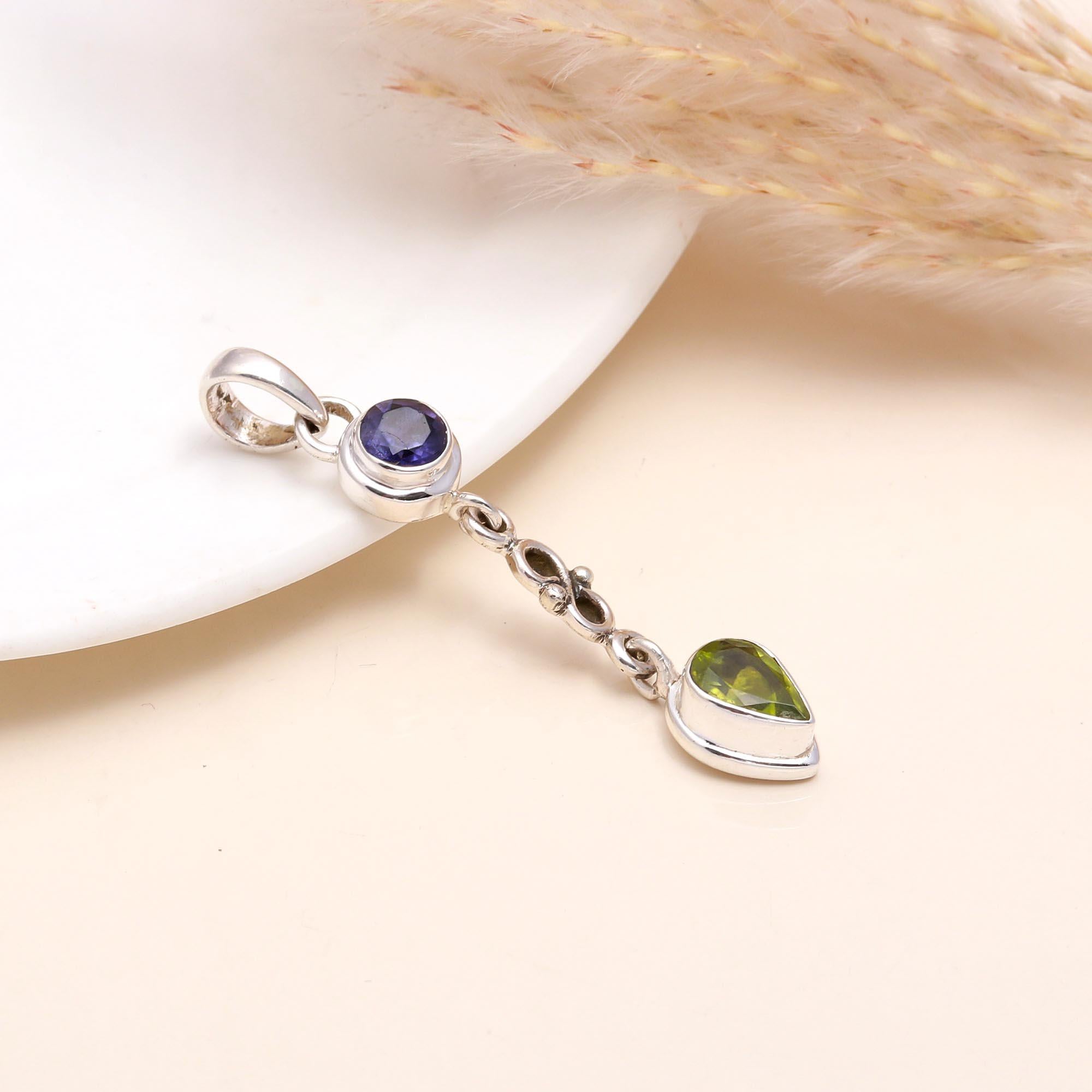 925 Sterling Silver Handmade Iolite & Peridot Dangle Pendant
